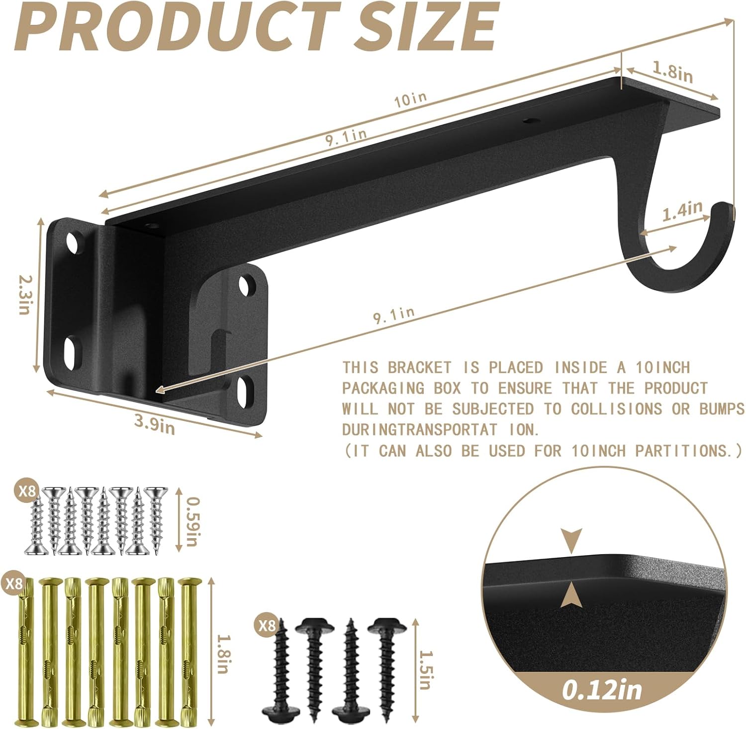 Small Closet Rod Bracket 9 inch Heavy Duty Wall Mounted Shelf Brackets with Rod Holders Support 200lbs for Closet, Walk-in Wardrobe（2pack black)