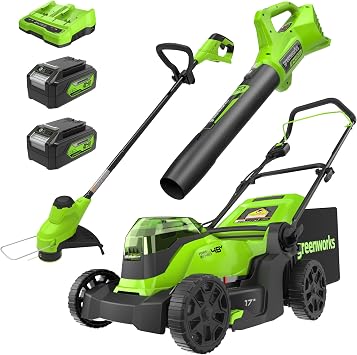 Greenworks 48V 24V x 2 17" Brushless Mower+12" String Trimmer +320CFM Blower,2 4.0Ah Batteries and 2A Dual Port Charger