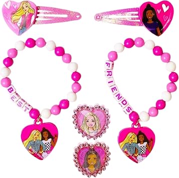 Barbie Accessories for Girls 6 Piece Toy Jewelry Box Set with 2 Rings, 2 Bead Bracelets, and Snap Hair Clips Ages 3+