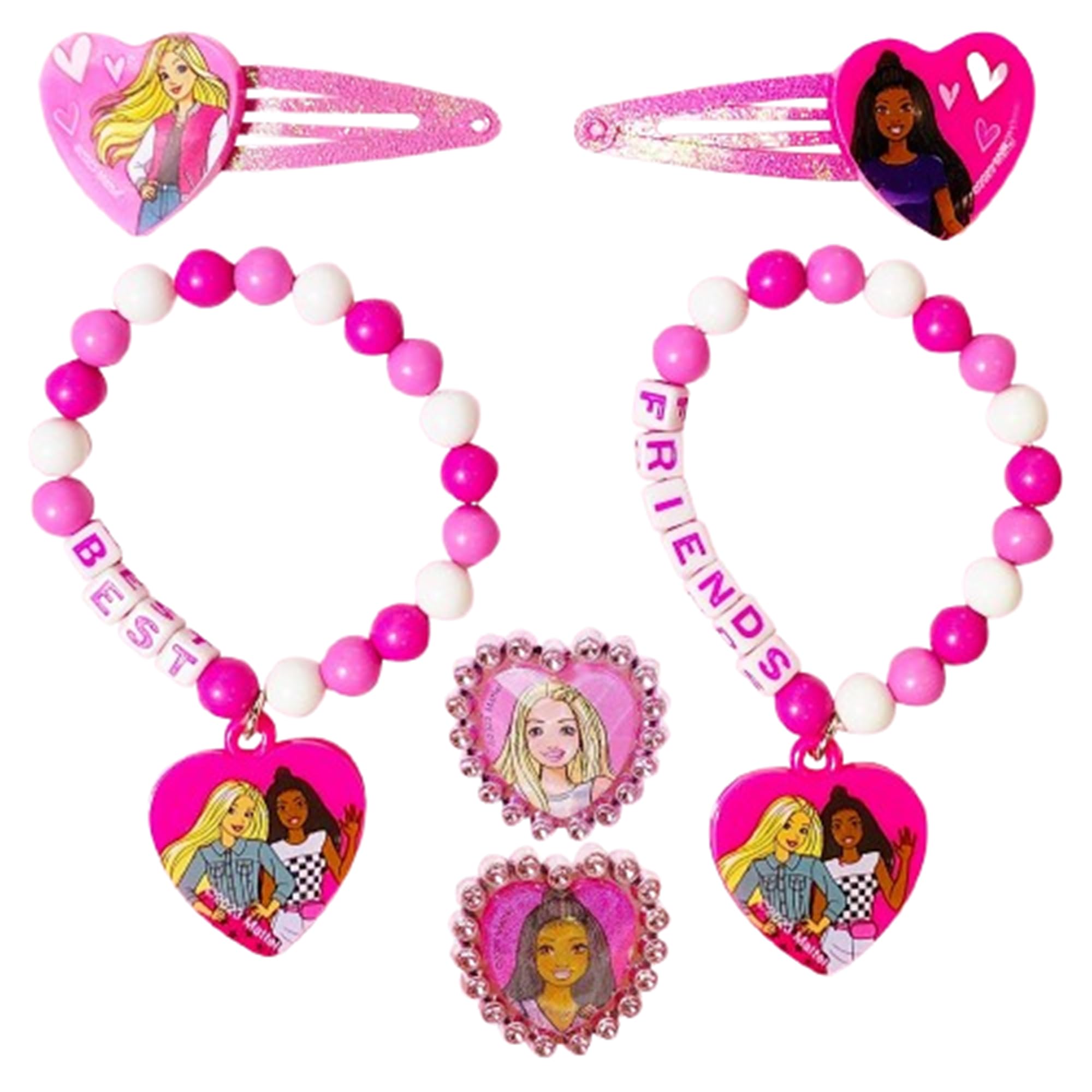 Barbie Accessories for Girls 6 Piece Toy Jewelry Box Set with 2 Rings, 2 Bead Bracelets, and Snap Hair Clips Ages 3+