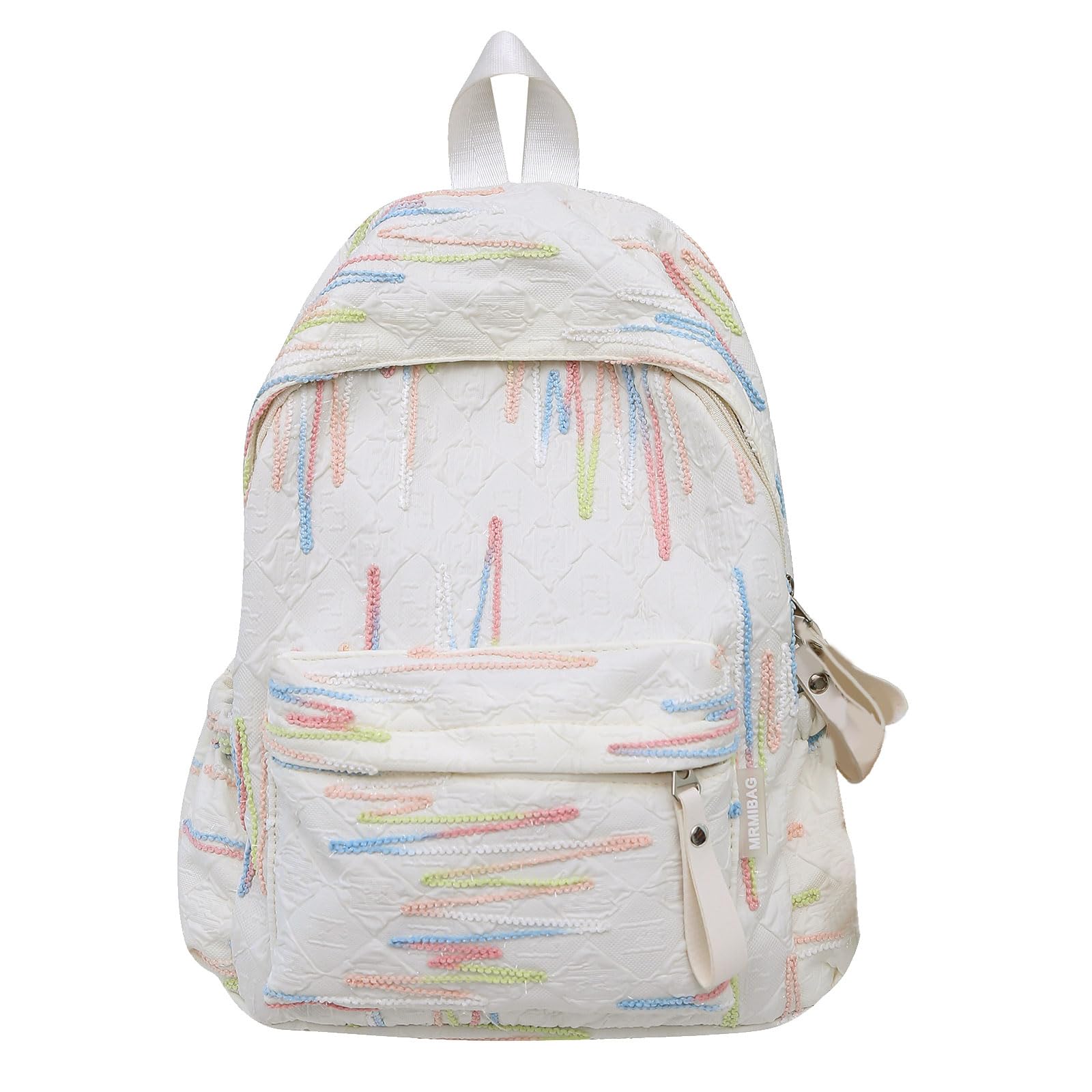 Huaqgu Women's White Korean Sweet Nylon Backpack For Teen Girls Fashionable Colorful Striped Daypack School Book Bag With Adjustable Straps