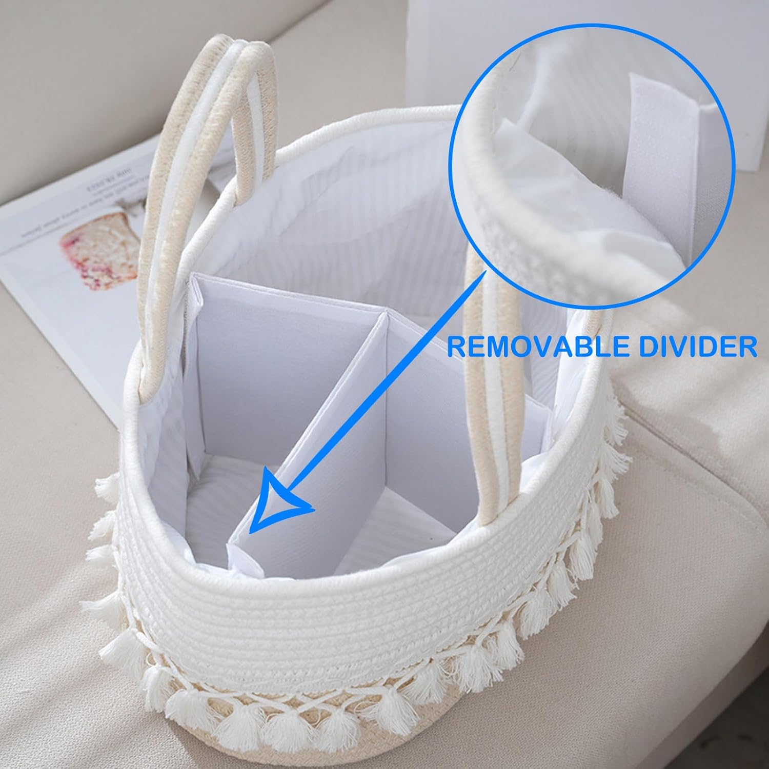 Baby Diaper Caddy Organizer, Rope Tassel Nursery Storage Bin Basket, Portable Holder Tote Bag for Girl Boy, Nursery Storage Bin with Removable Divider, Newborn Holder for Baby Shower & Mums (White)