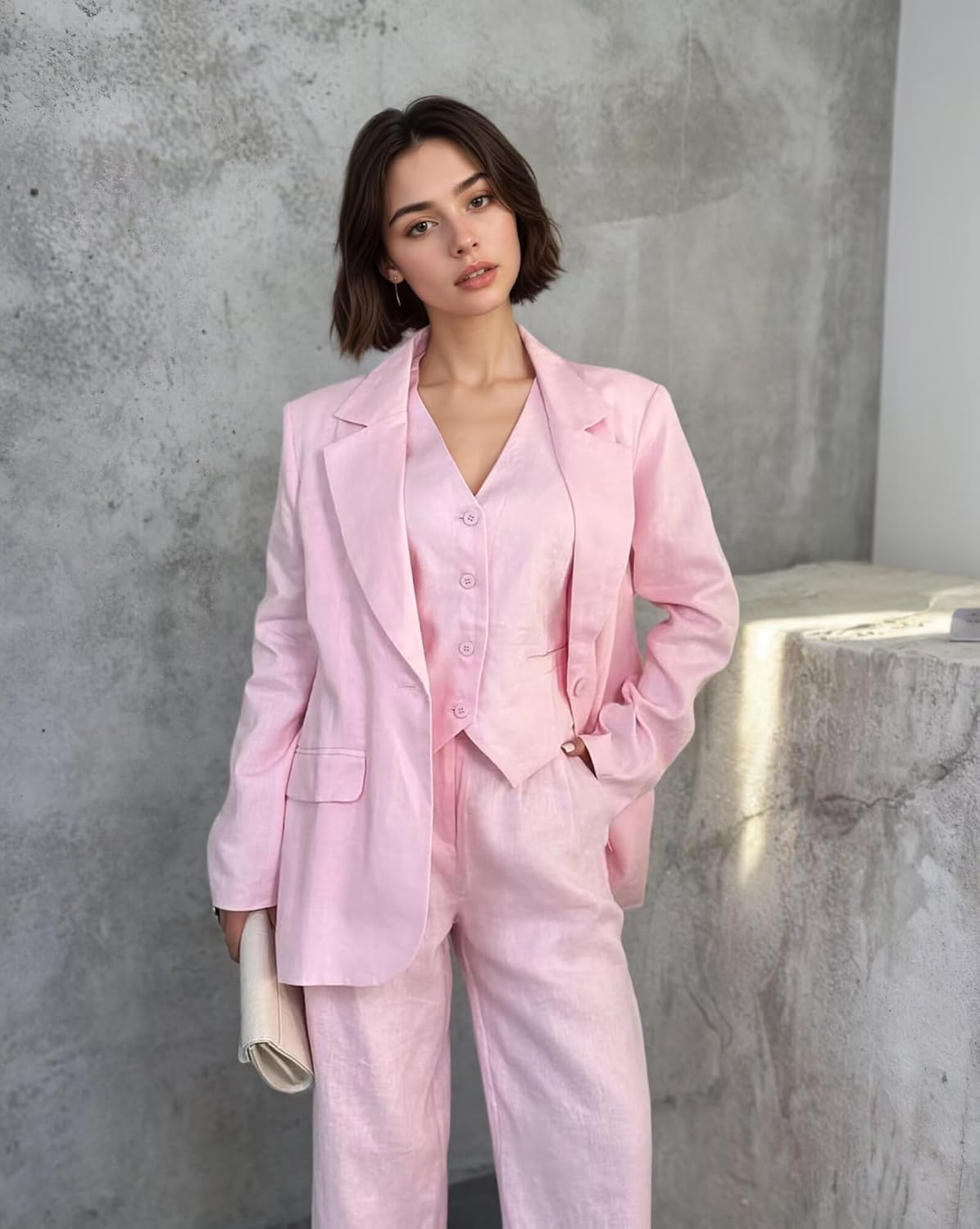 Linen 3 Piece Suits for Women Summer Dressy Casual Womens Pant Suit Wedding Guest Blazer Vest Pants