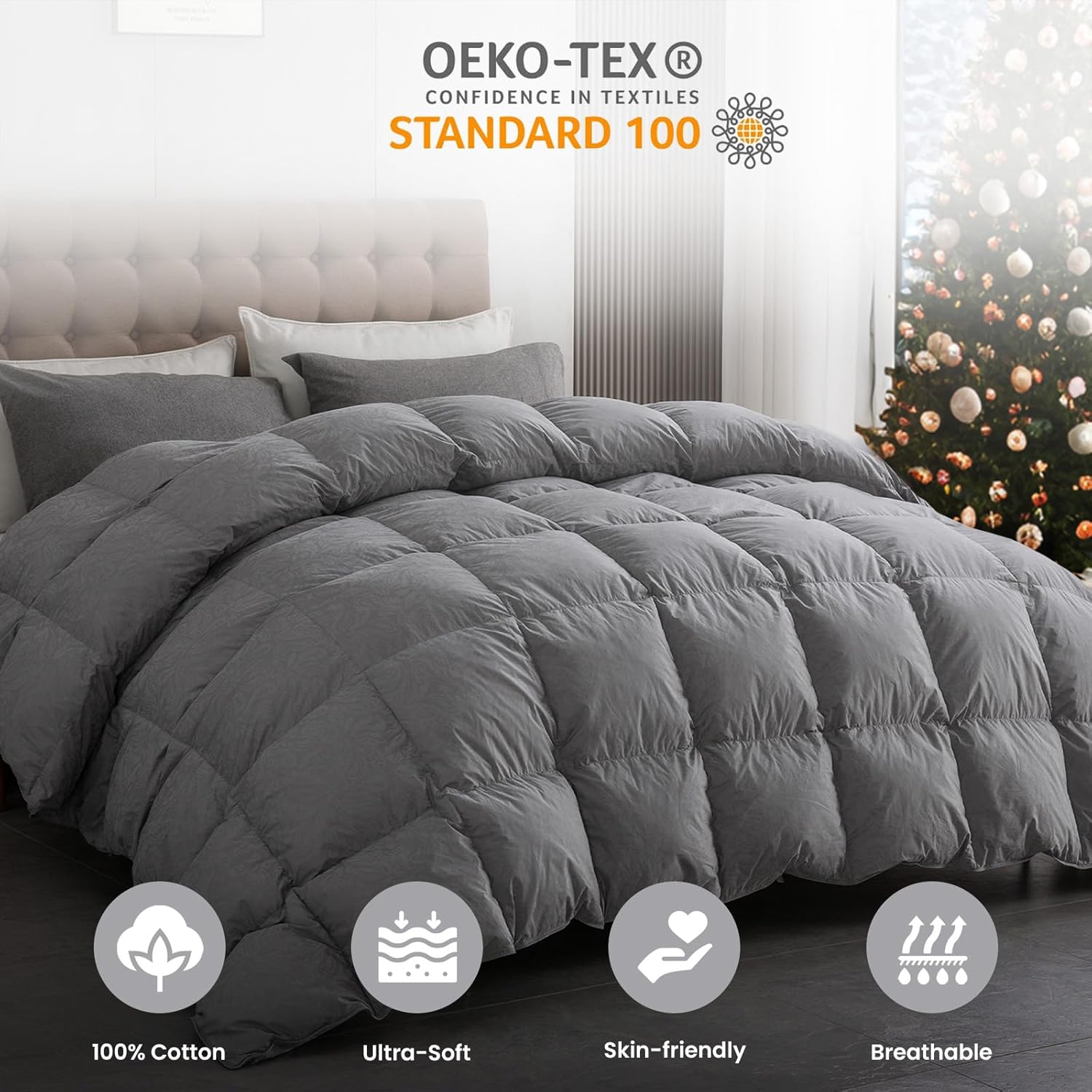 DAICO Goose Feather Down Comforter Full Size, All Season Luxury Hotel Fluffy Duvet Insert, Ultra Soft 100% Cotton Shell with 8 Corner Tabs, Paisley Design (82x90'', Grey)