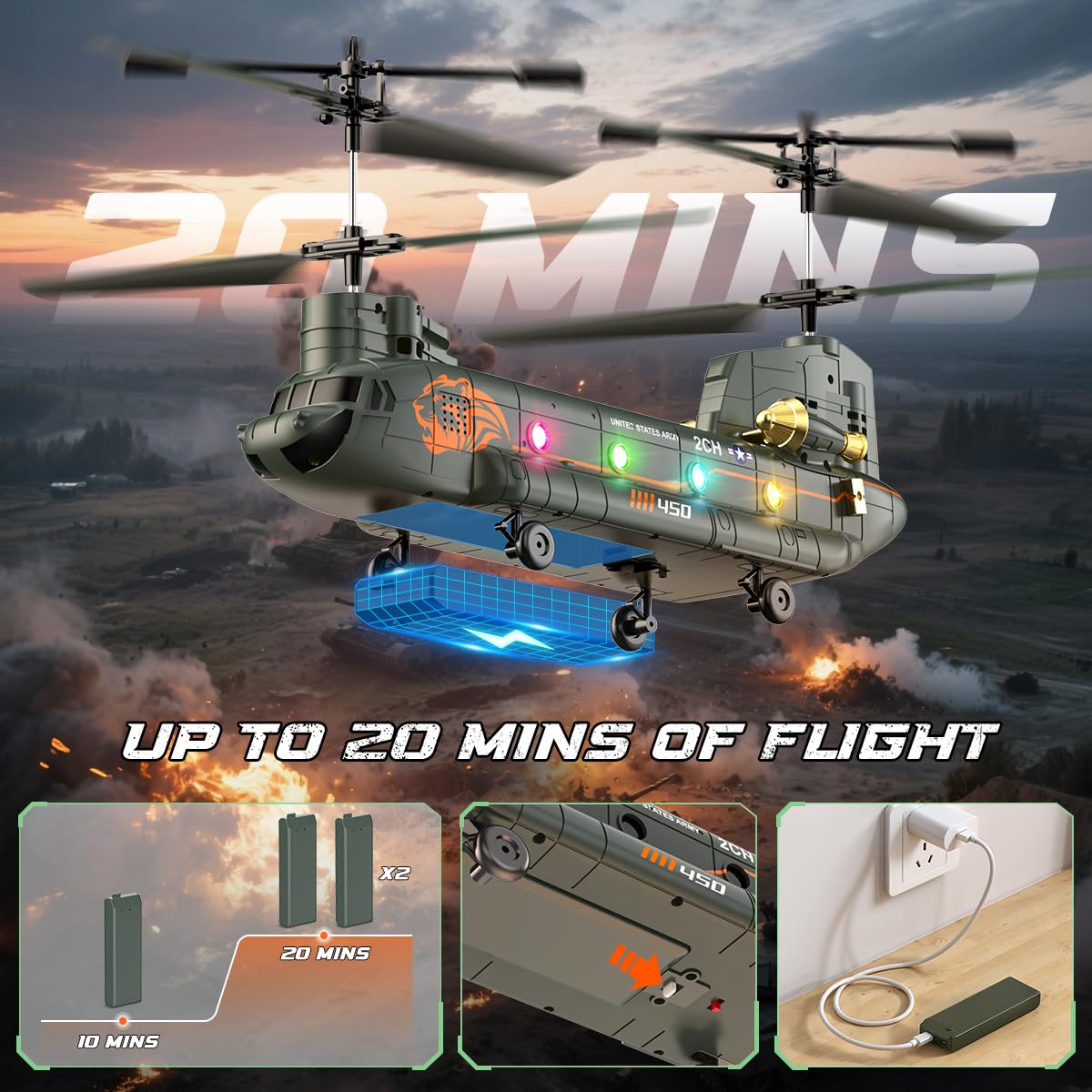 VATOS Hélicoptère radiocommandé 2,4 GHz Transport Militaire avec Maintien de l'altitude, démarrage/atterrissage à Un Bouton, lumière LED