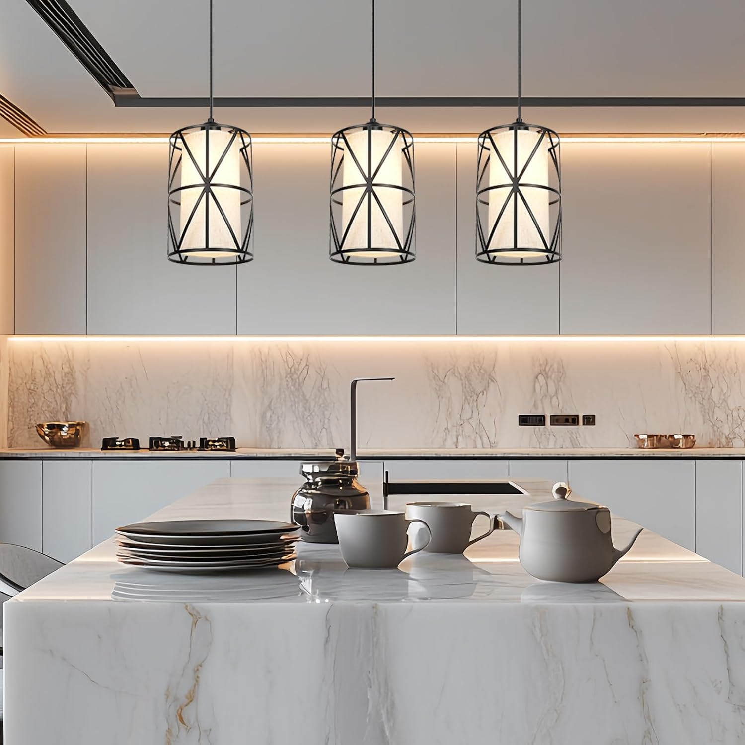 Matte Black Pendant Light, Adjustable Height Island Lights for Kitchen with Linen Shade, Modern Kitchen Pendant Lighting Over Island, Dining Room, and Living Room