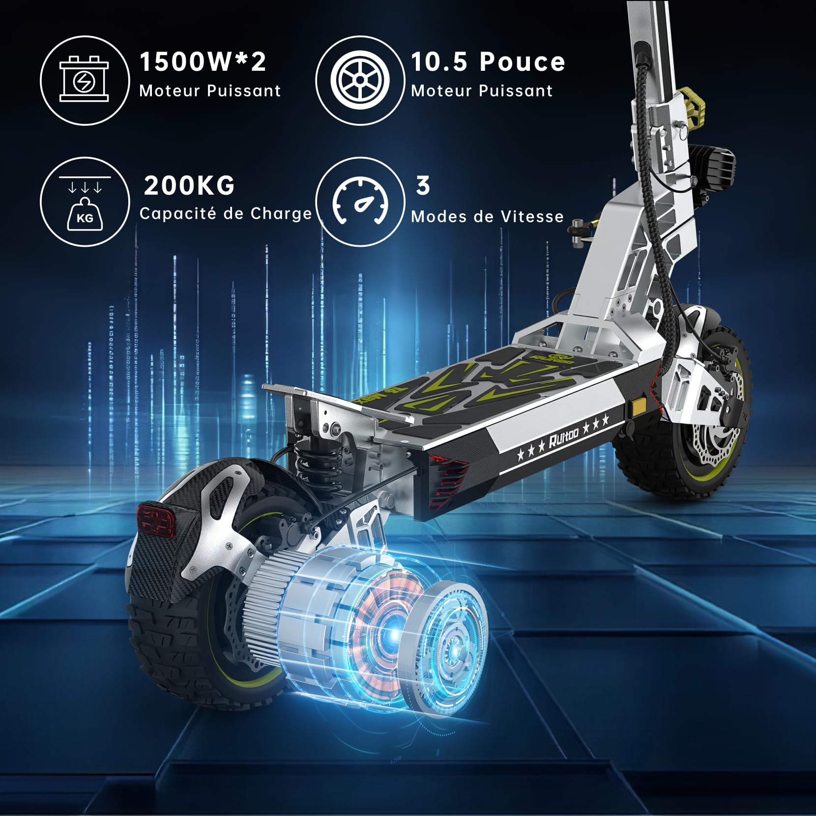 Trottinette Électrique Pliable pour Adulte, 2 Moteur Puissant, Batterie 60V 28.6Ah, Autonomie Max 75-85KM, Pneus Tout-Terrain 10.5 Pouces, 3 Modes De Vitesse, Écran Intelligent