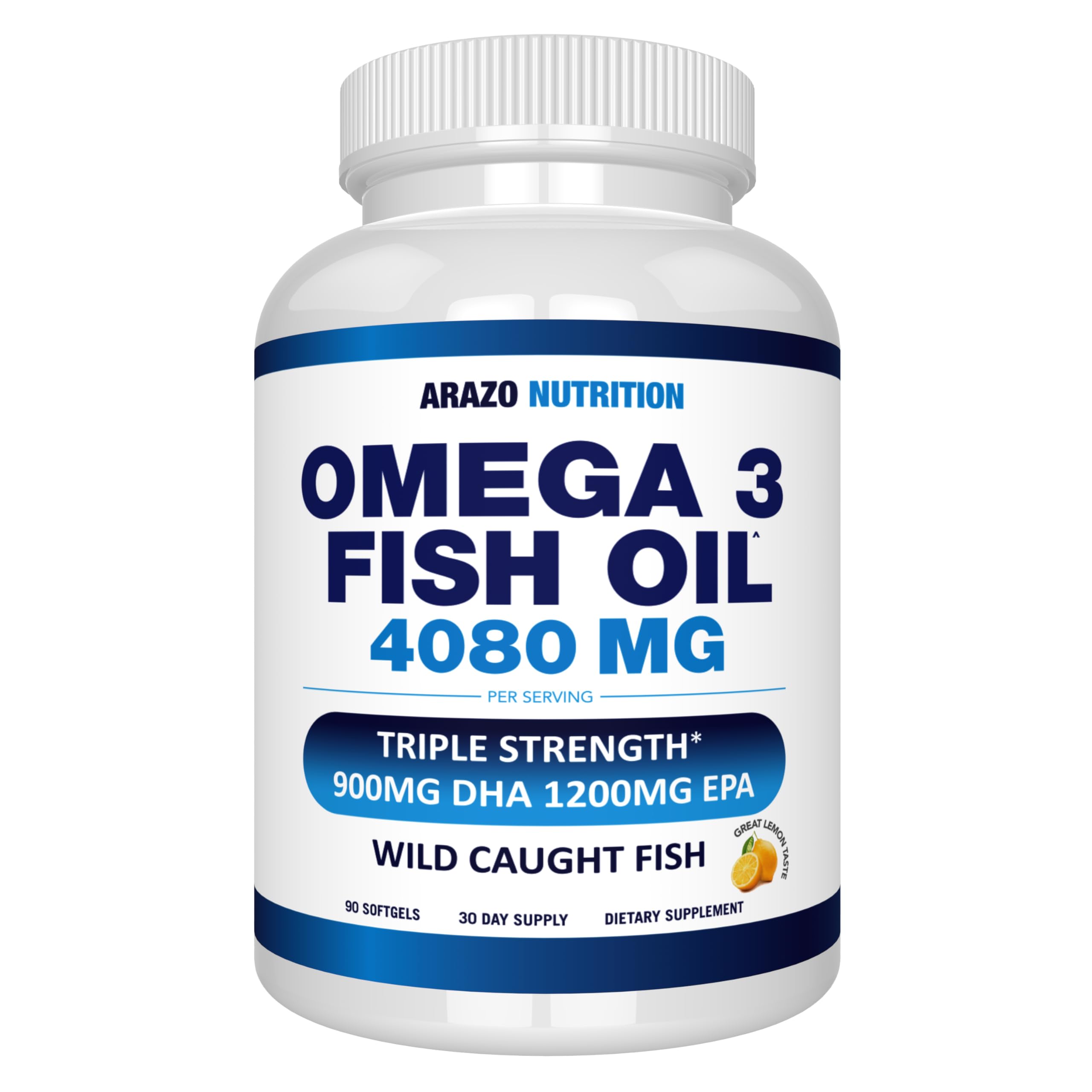 Arazo Nutrition Wild Caught Omega-3 Fish Oil Concentrate – 4,080mg per Serving – High EPA 1200mg & DHA 900mg – 90 Burpless Lemon Softgels 90 Count (Pack of 1)