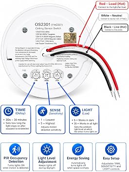 360 Ceiling Occupancy Motion Sensor, Hardwired PIR Sensor Switch, Adjustable Time Delay, Sensitivity & Light Level, Neutral Wire Required, for Lights & Fans, White