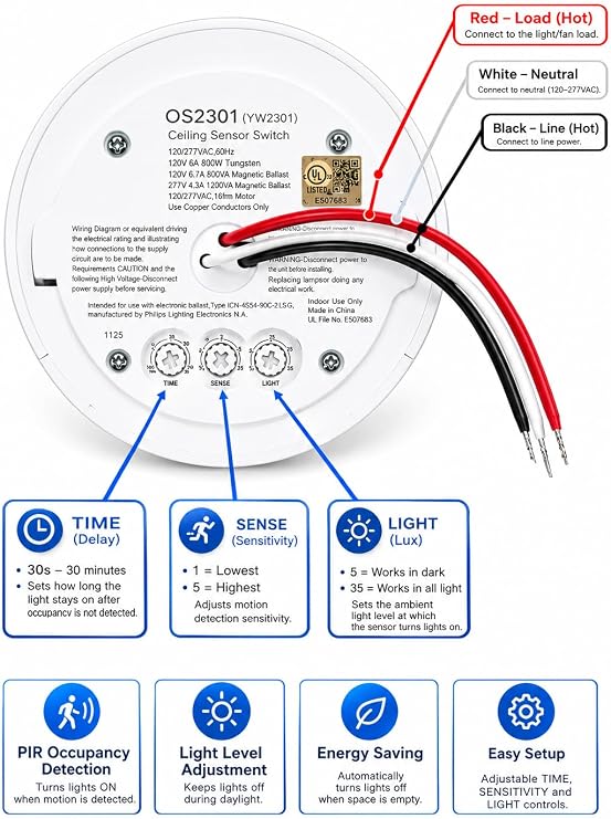 360 Ceiling Occupancy Motion Sensor, Hardwired PIR Sensor Switch, Adjustable Time Delay, Sensitivity & Light Level, Neutral Wire Required, for Lights & Fans, White