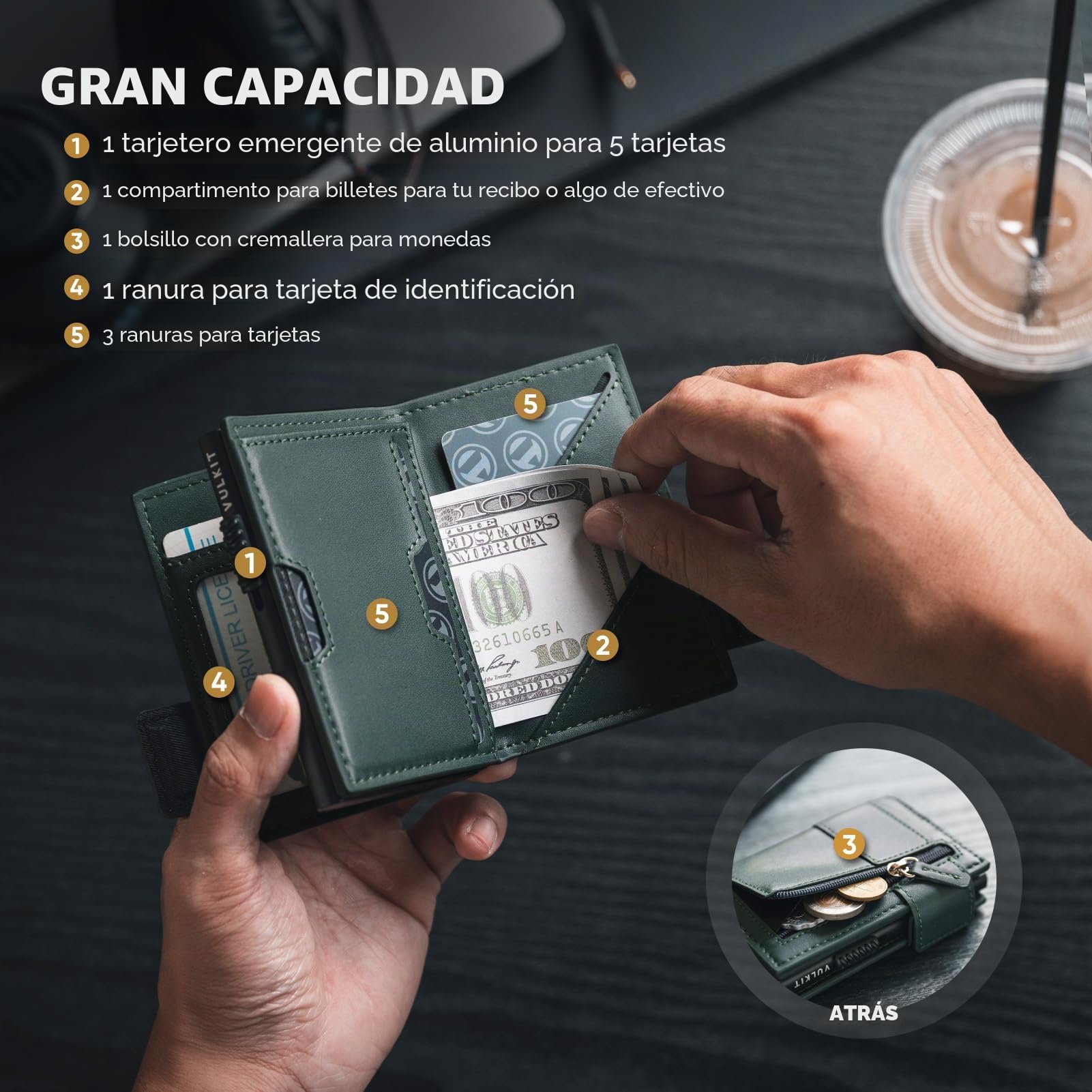 VULKIT Tarjetero Plegable de Piel Cartera para Hombre, Tarjetero de Metal con Bloqueo RFID, para 9 Tarjetas y Billetes, con Ventana para Ranura para Tarjeta de ID y Bolsillo para Moned