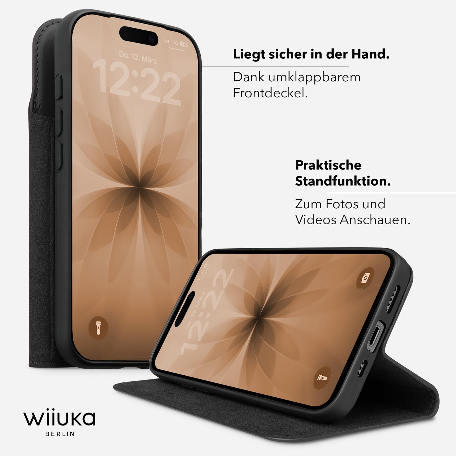 WIIUKA Hülle für iPhone 17 Pro, Leder aus Deutschland, mit Kartenfach, extra Dünn, Handyhülle mit Standfunktion, Tasche, Klapphülle, suiit, Teil, Schwarz