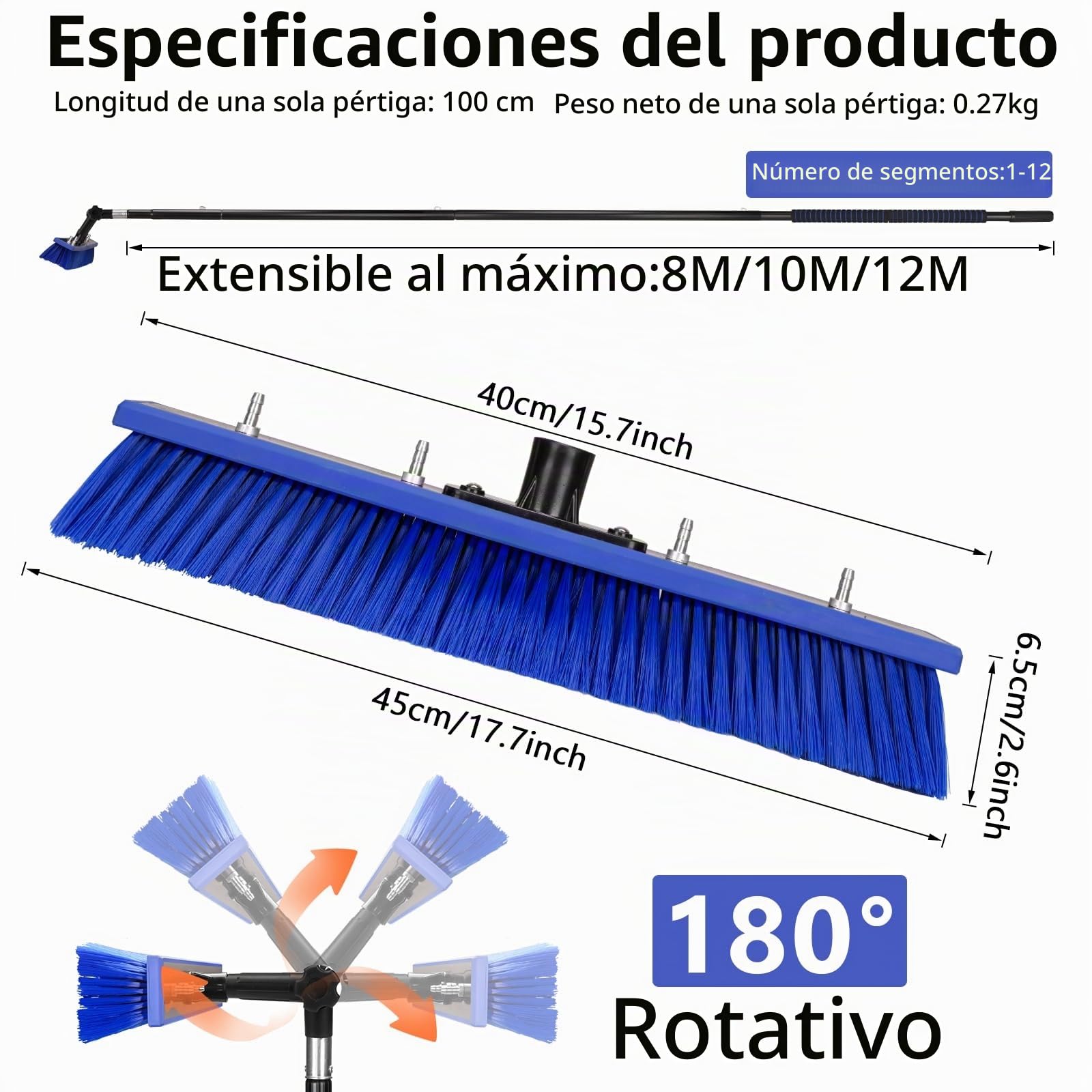 Cepillo de Limpieza de Panel Solar de 10 metros, Cepillo de Agua Limpia con 4 Boquillas, Dosificador de Jabón, para Limpieza de Paneles Solares, Ventanas, Muro (10M)