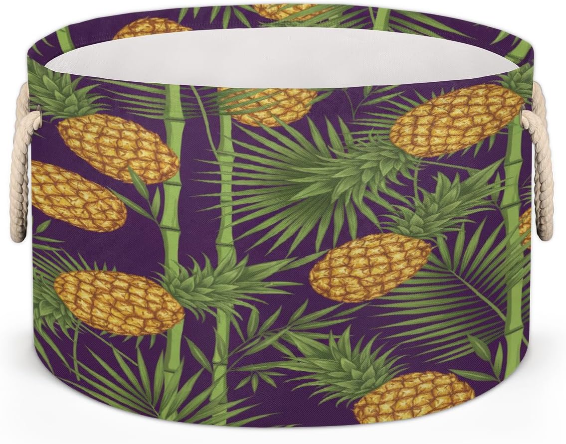 Large Storage Baskets - Pineapple Bamboo Nursery Round Collapsible Organizer Bin Box, Laundry Hamper for Kids Toys, Blanket, Bedroom Living Room Home Decor, Gift Basket, 19.4"x13.3"