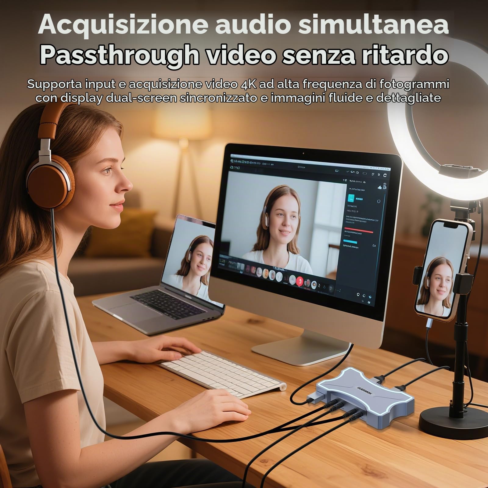 Guermok, Scheda acquisizione HDMI, 4K60FPS / 2K120FPS, Touch LED, streaming | Streaming, registrazione e gaming a bassa latenza, Compatibile con console portatili, computer, software di streaming, USB3.0