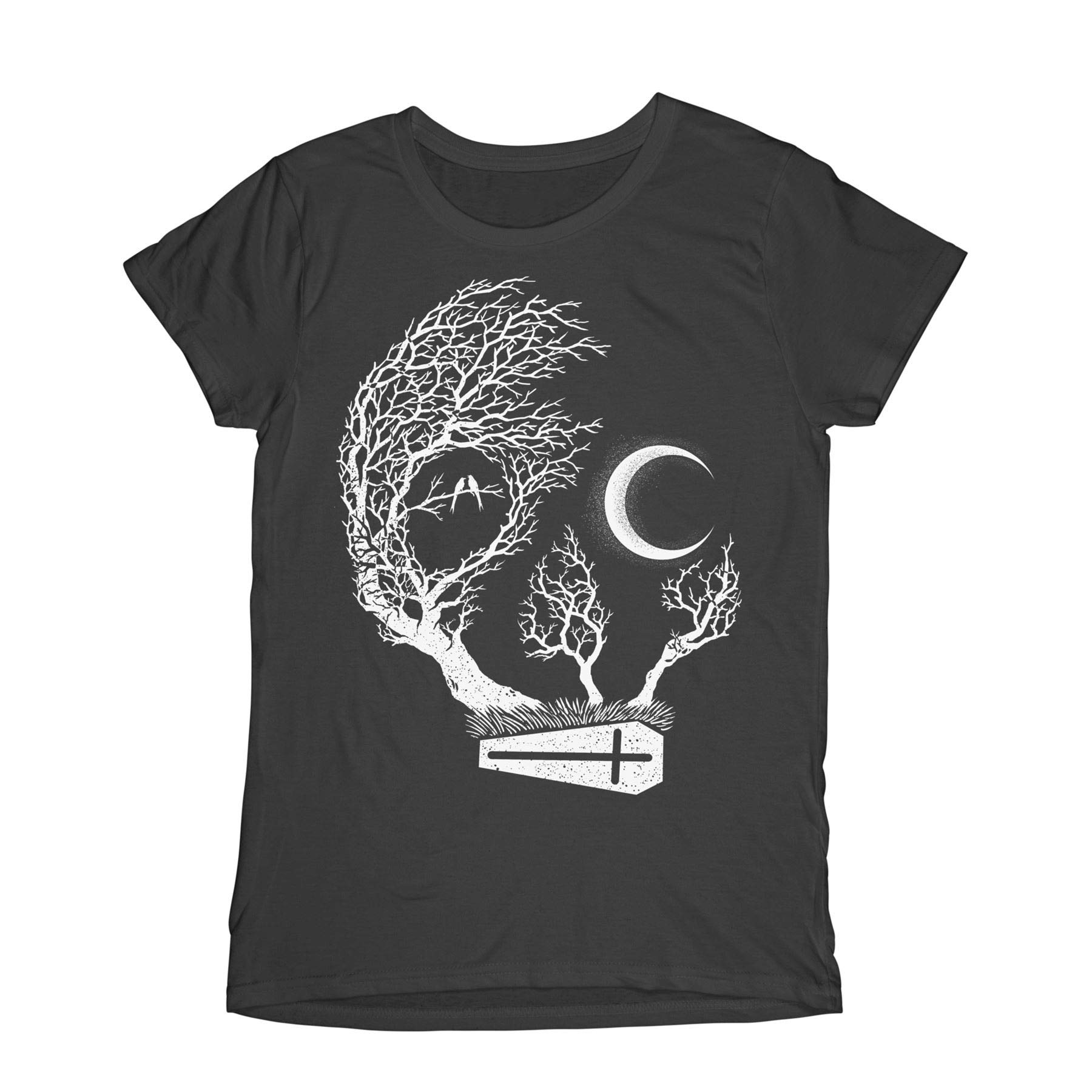 Tribal T-Shirts Women's Black Skull With Moon And Coffin Goth Halloween T-Shirt , ) Xxl