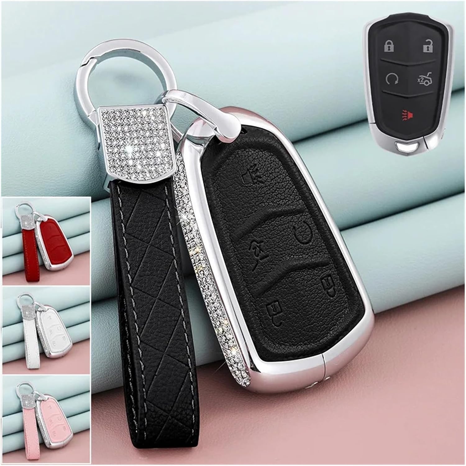 Zinc Alloy Leather Car Remote Key Fob Case Cover Holder Bag Keychain Compatible for Cadillac ATS CTS CT6 XTS XT5 Escalade SRX(Pink)
