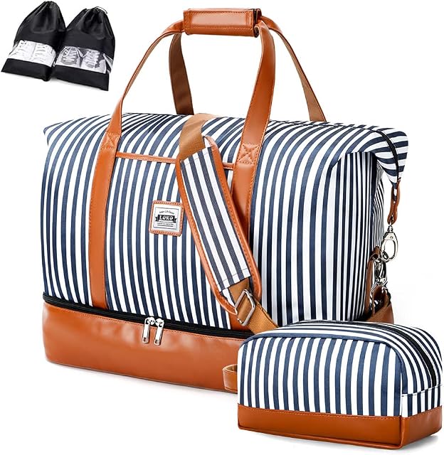 Lekesky Double Decker Holdall Bag Women Weekend Bag Travel Overnight Bag Weekender Duffle Bag with Shoes Compartment & Toiletry Bag, 35L Blue Striped