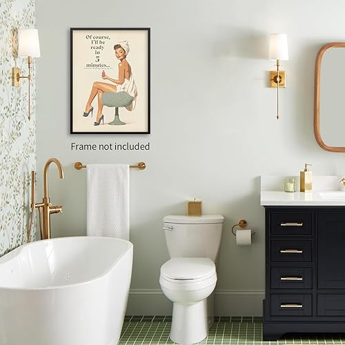 Miniatura 3 de noxozoqm Póster bohemio de baño verde salvia, vintage de los años 70, arte de pared con texto en inglés "Of Course I'll Be Ready in 5 Minutes",