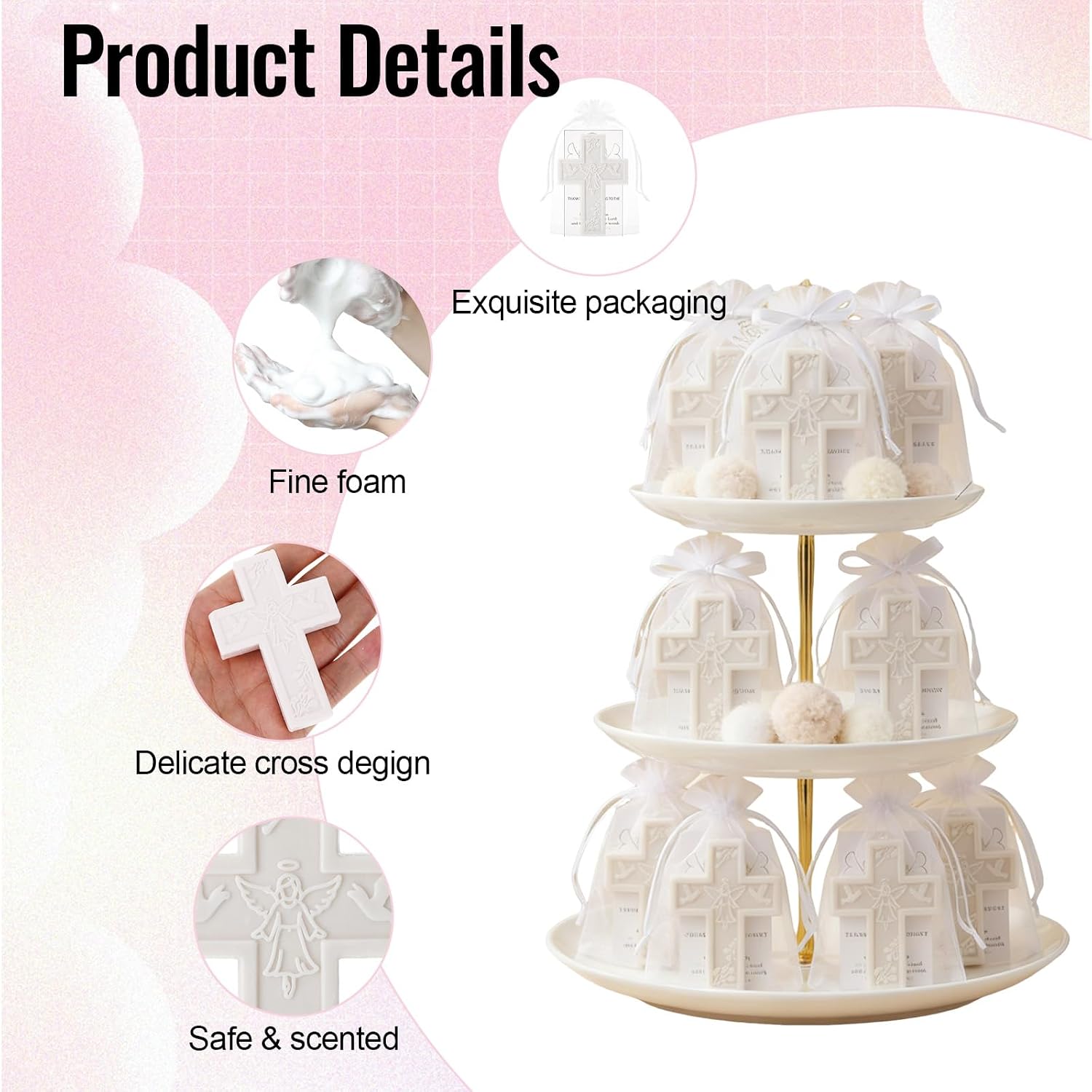 60 Sets Cross Soap Baptism Favors for Guests,Baby Shower Scented Soap Favors,Baby Baptism Favor Scented Soaps with Greeting Cards Organza Bag First Communion Gift for Guests Party Gender Reveal Favors