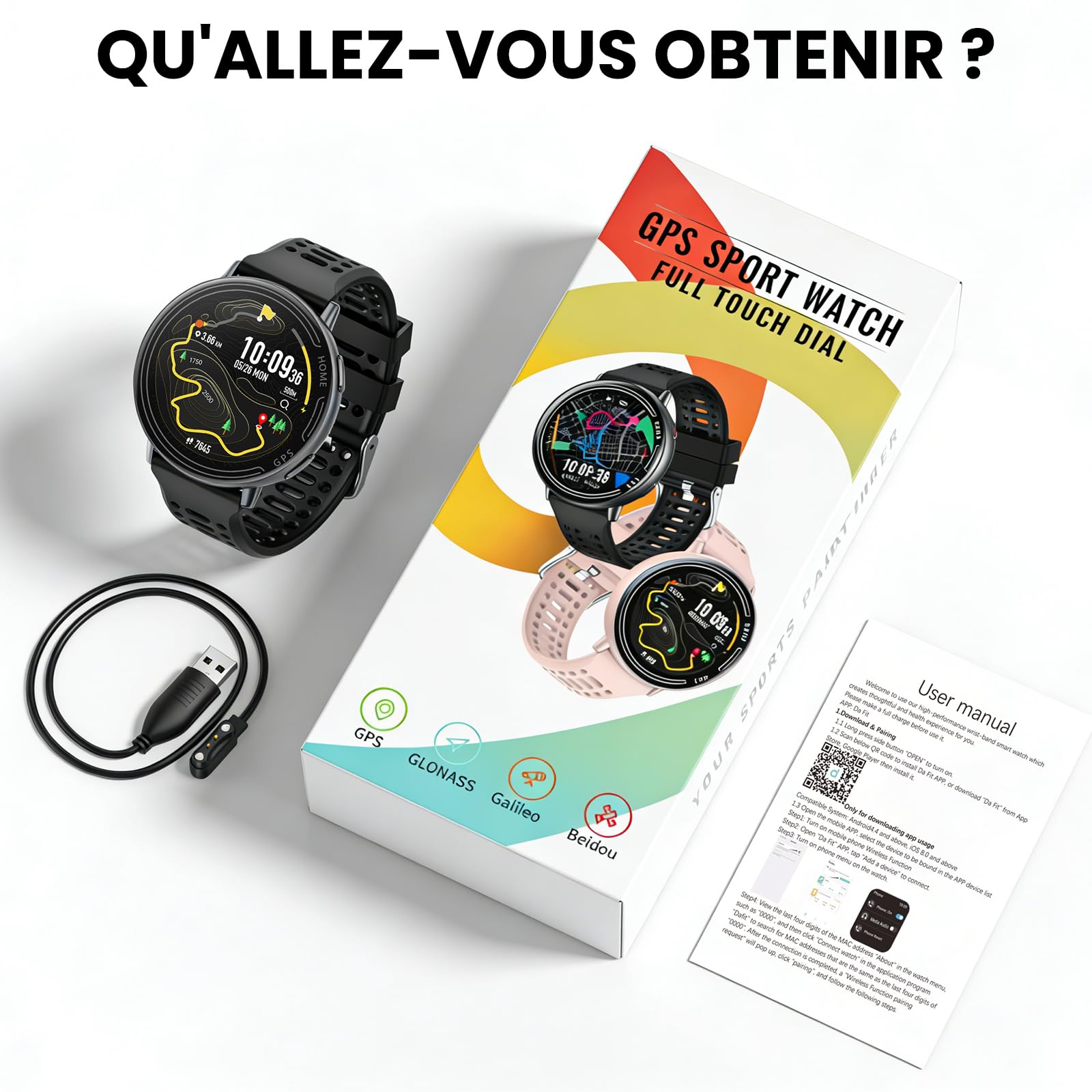 Montre Connectée 1.39 "pour, avec GPS/Bluetooth appels/Fréquence Cardiaque | Avoir la Fréquence Cardiaque/Surveillance du Sommeil, Compatible avec Android et IOS Smart Watch, avec le Mode 100 + Sport