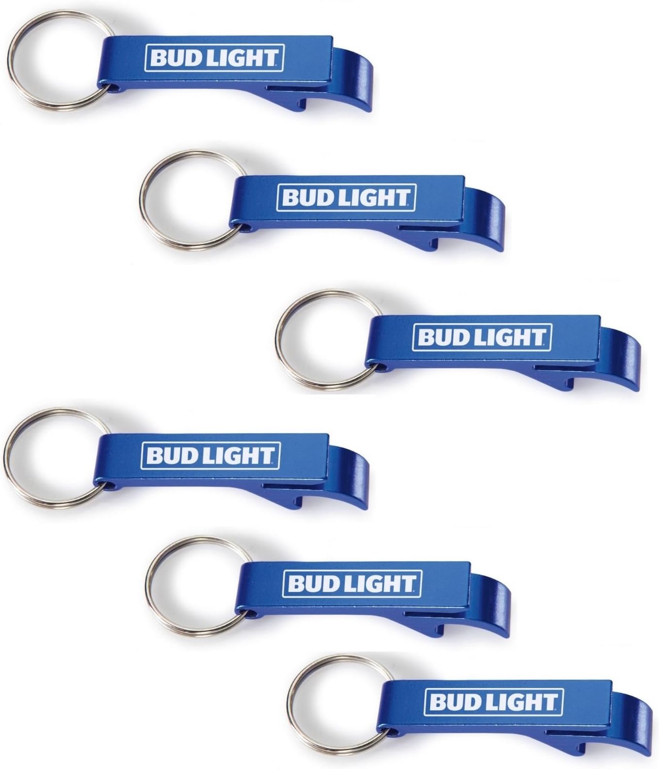 LOT: 6 Blue Bud Light Can/Bottle Opener Keychain