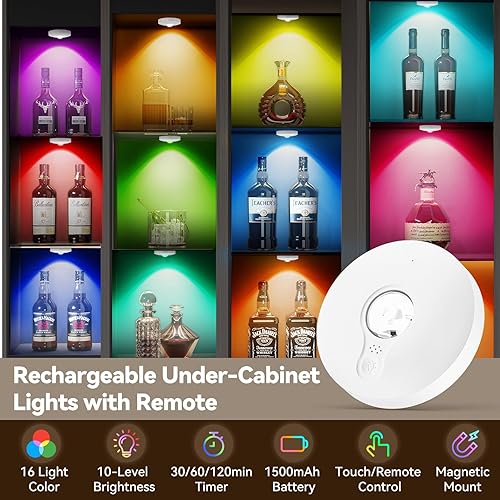 Miniatura 2 de Luces de disco recargables con control remoto, paquete de 3 luces magnéticas para debajo del gabinete, 1500 mAh, funciona con pilas, luces LED con