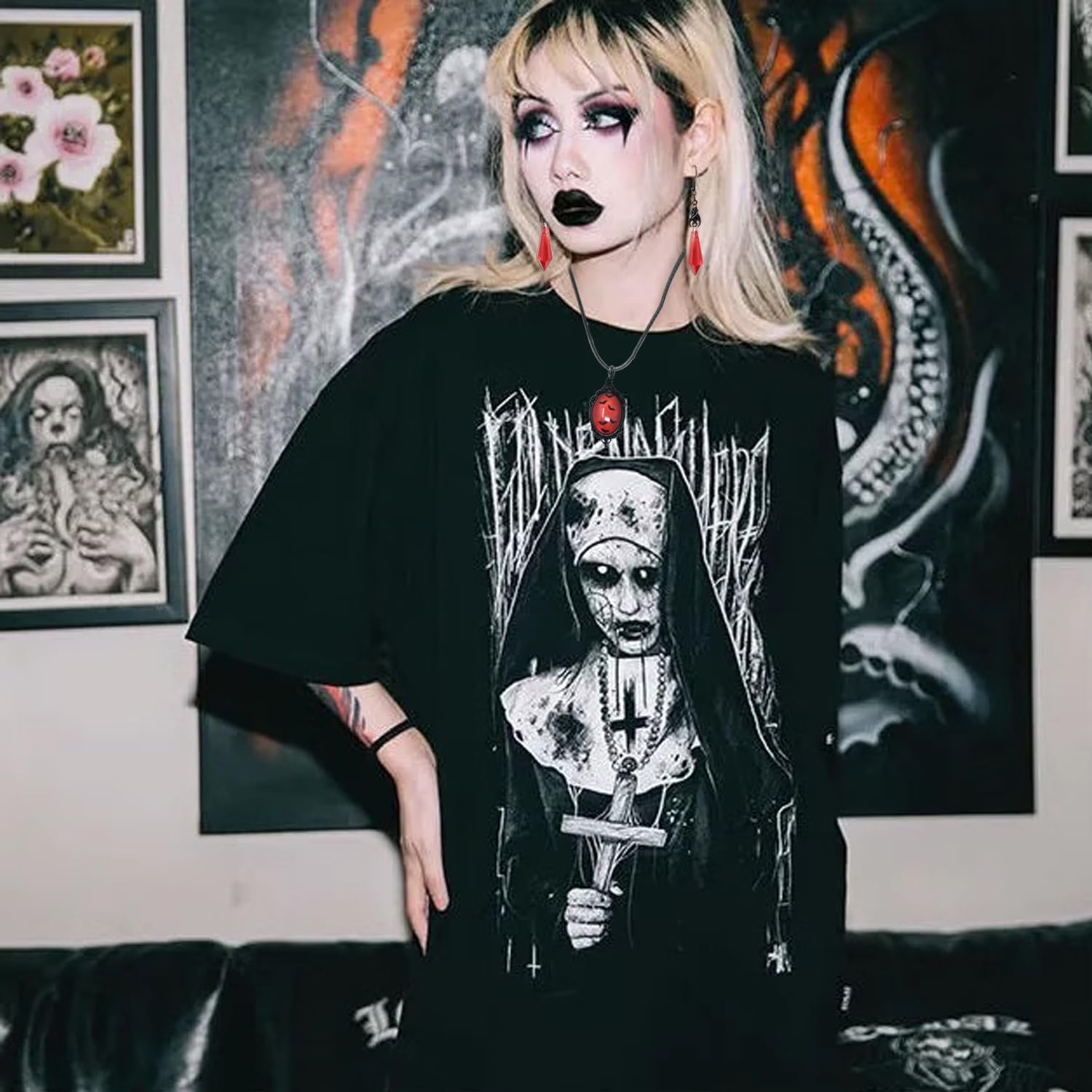 yueton 1 Set Gothic Vampire Bat Necklace Red Dangle Earrings Red Glass Bat Pendant Choker Bat Decoration Earrings Mystic Witch Jewelry Halloween Necklace for Women - Image 6