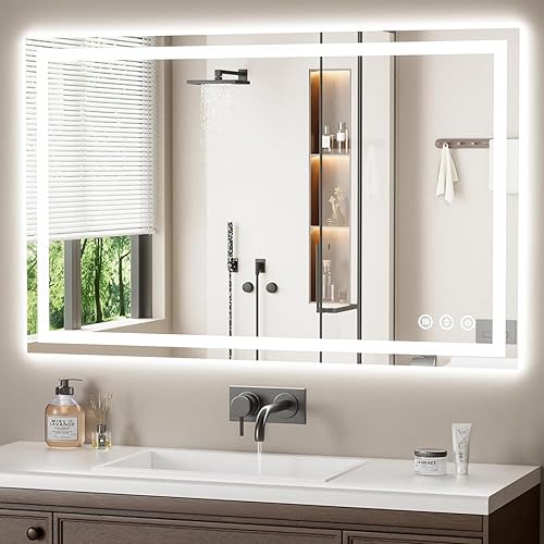 Espejo de baño LED de 48 x 30 pulgadas con luces, antiniebla, retroiluminado + luz frontal, espejo de tocador de baño iluminado para pared, función
