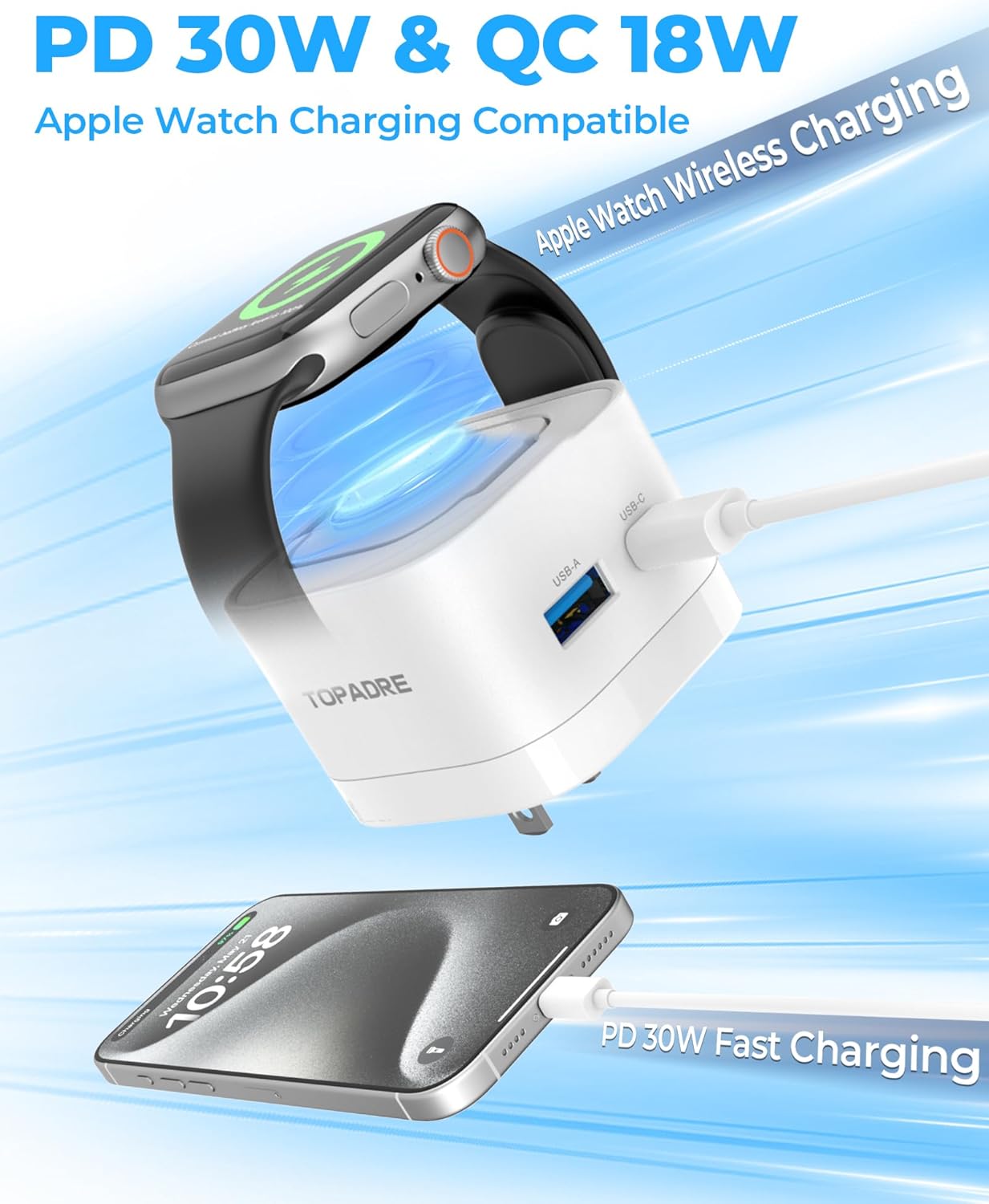 30W Charger for Apple Watch, 3-in-1 USB C Charging Block Travel Essentials, Portable Wall Charger with Foldable Plug, Fast Charging for iWatch Series 10/9/ 8/7/ 6/ Ultra/SE, iPhone, White - Image 2