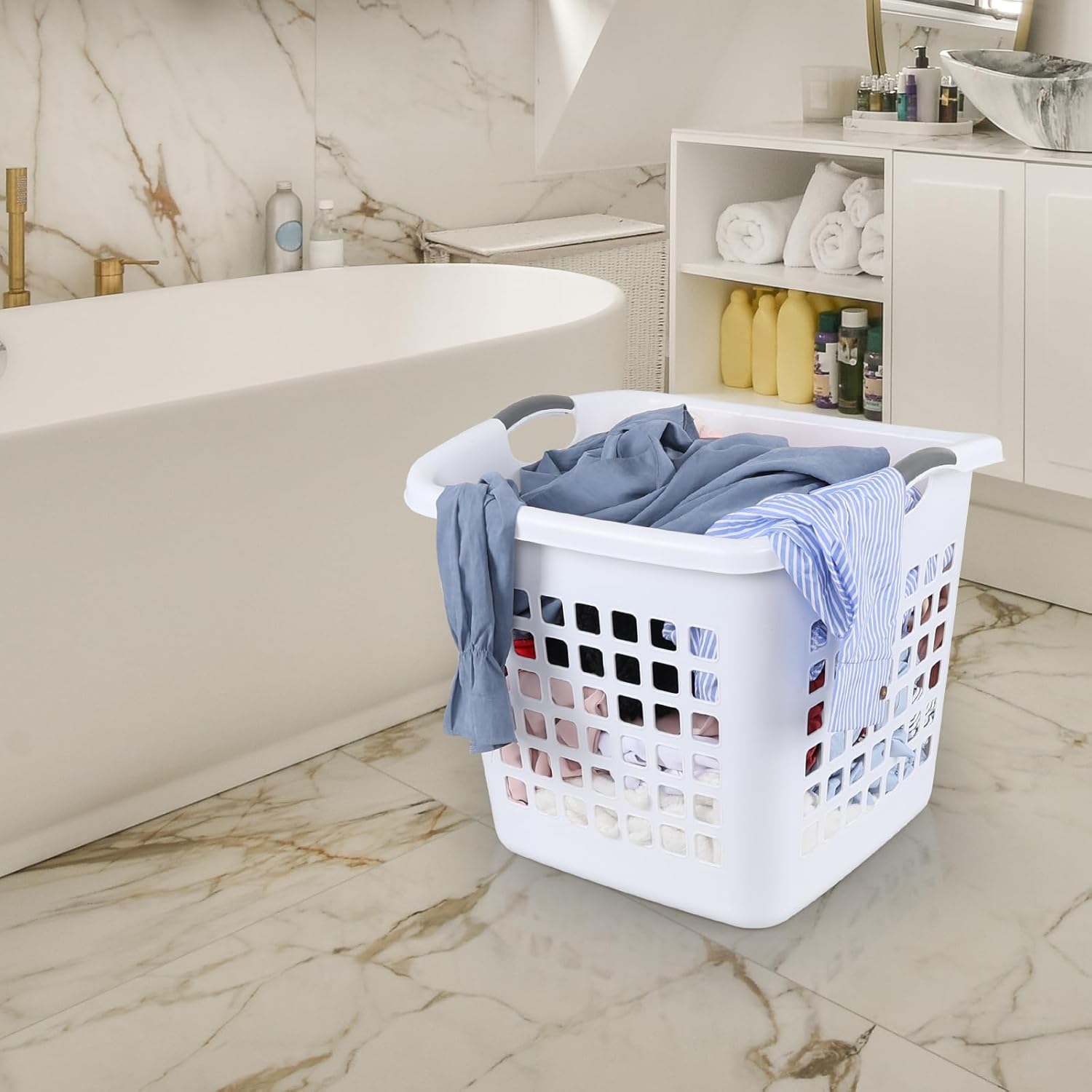 2 Bushel /73 L White Laundry Basket Plastic, 4 Pack Laundry Hamper with Cutout Handles, Large Dirty Clothes Basket