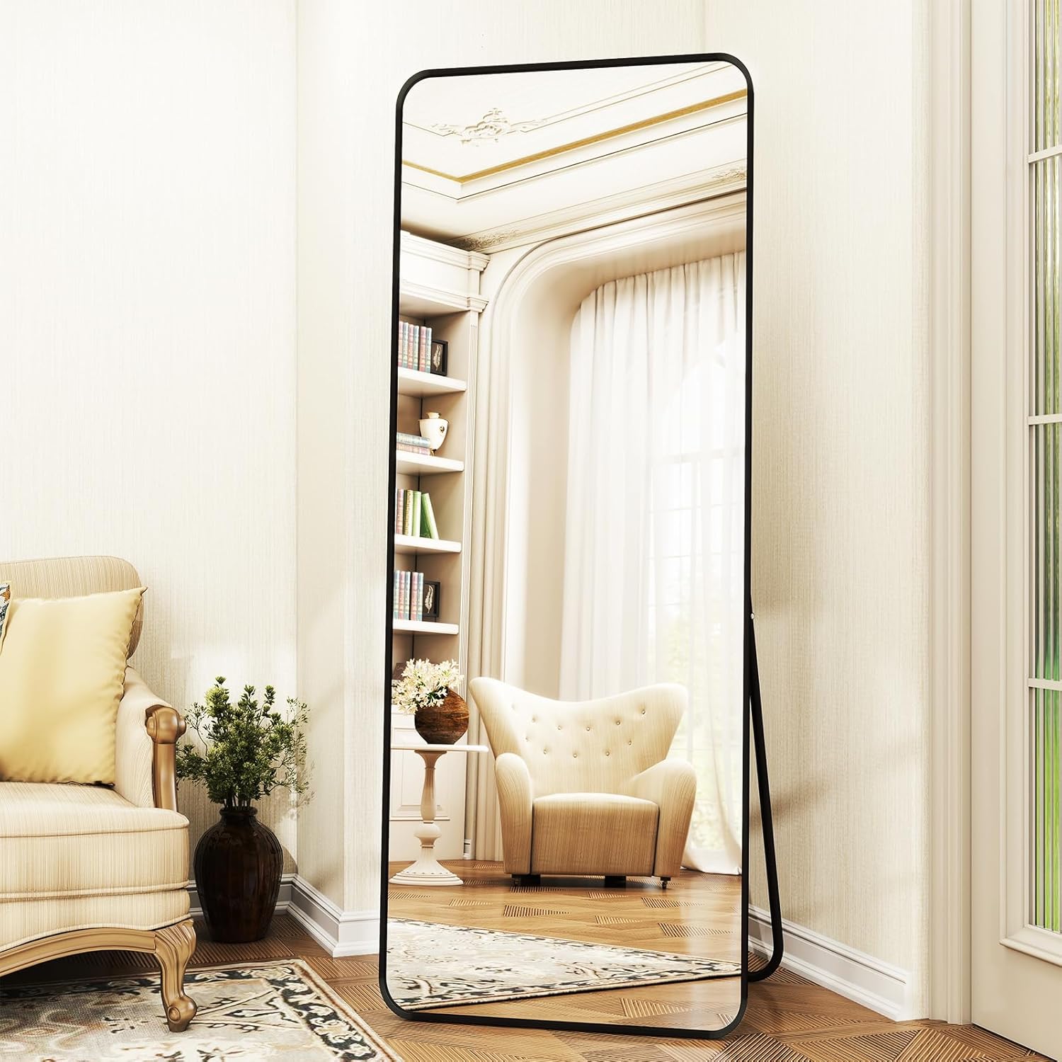 Full Length Mirror 23"x66", Large Floor Mirror with Rectangle Rounded Corners, Gold Aluminum Alloy Frame, Wall Mirror for Full Body, Mirrors for Wall, Standing Mirror