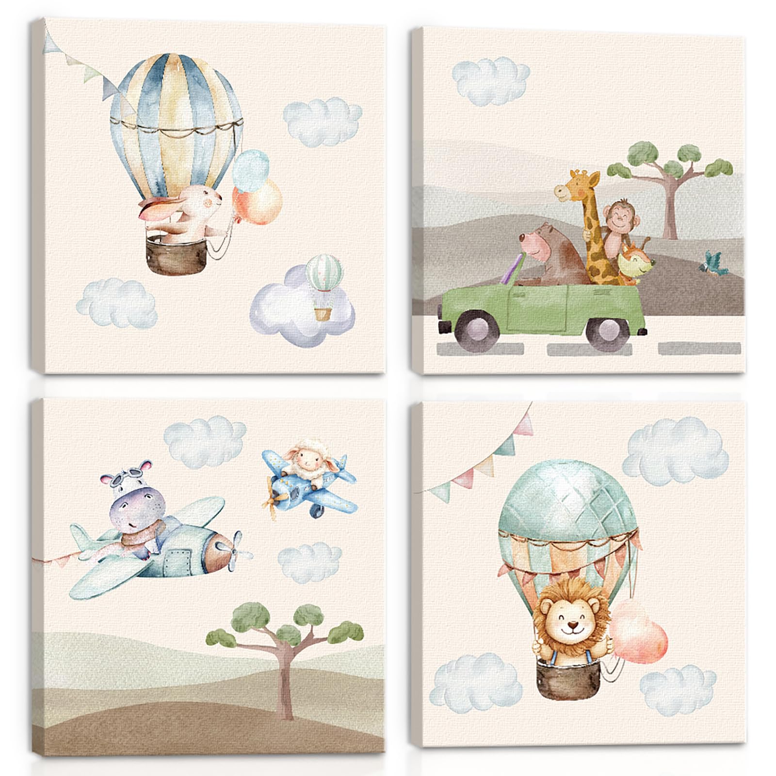 BINCUE 4 imágenes de animales beige para habitación infantil, diseño de animales de la selva, decoración de pared, 40 x 40 cm