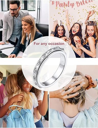 Miniatura 9 de FOCALOOK Anillo giratorio de plata de ley 925 para la ansiedad para mujeres en relieve, mal de ojocelta, anti estrés, anillo giratorio tamaño 5-12