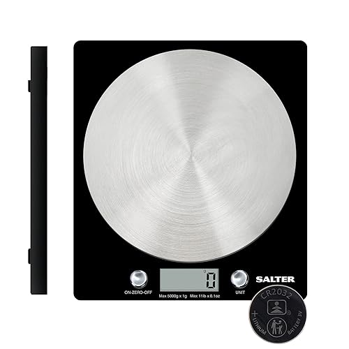 Salter 1036 BKSSDR Electronic Kitchen Scale – Digital Baking Scale with 5kg Capacity, Food Weighing Scale with Stainless Steel Disc Platform, LCD Display, Add & Weigh/Tare Function, Measure Liquids - Black - Single