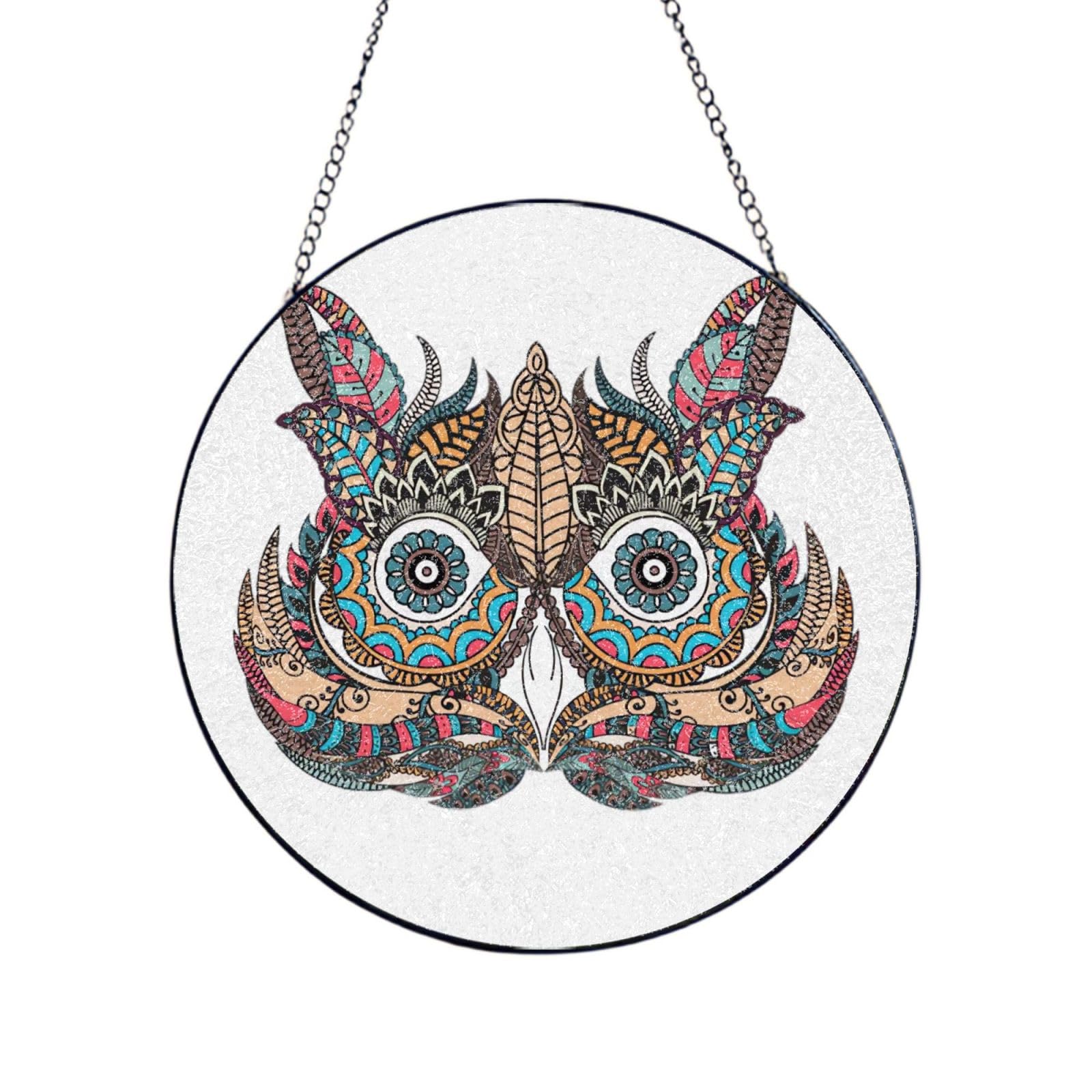 Phayah Owl In African Indian Totem Print Glass Window Hanging Round Suncatcher Glass Ornament Garden Wall Fence Decorations Indoor Outdoor 8in（20cm）