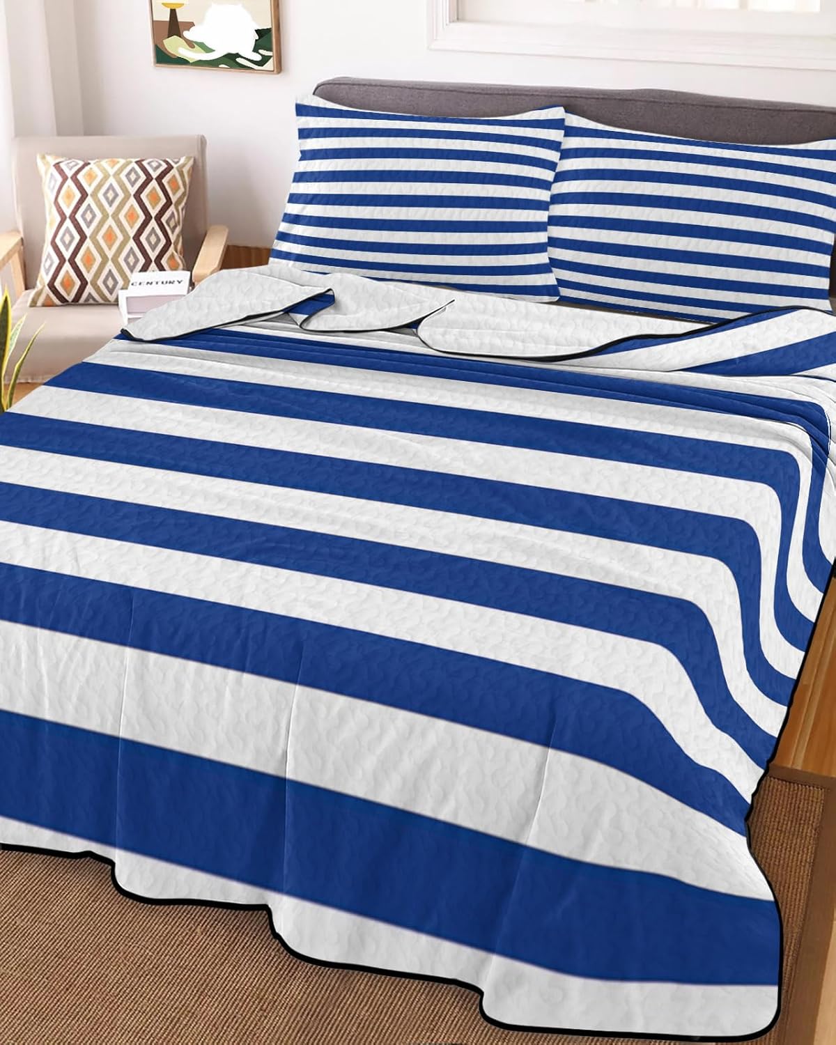 King Size Quilt Set, Navy Stripe Lightweight Bedspread Coverlet Set Soft Microfiber Summer Quilt with 2 Pillow Shams, Blue and White 3 Piece Comforter Bedding Set