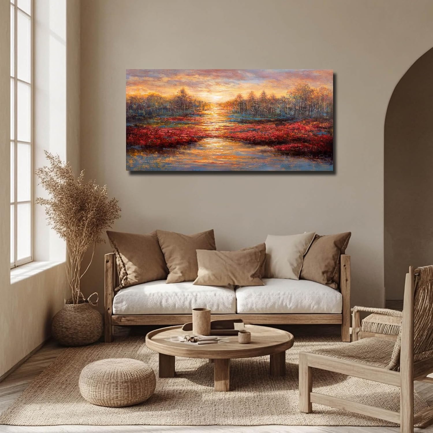 Sunset Glow Pictures Gold and Red Canvas Wall Art Nature Wall Prints for Office Hotel Master Bedroom Wall Decor(65x130cm/Inner frame)