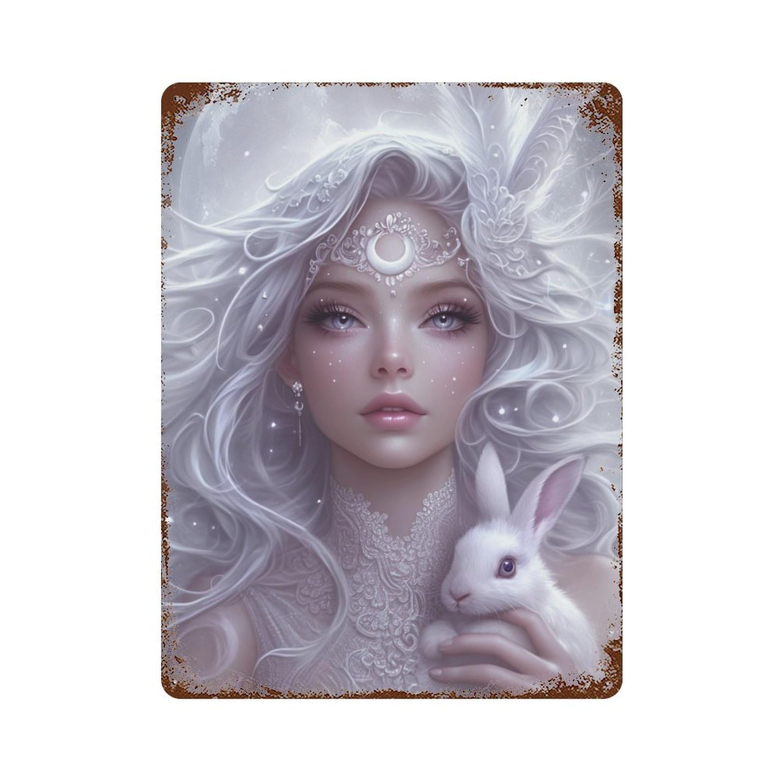 Enchanted White Fantasy Bunny Rust Effect Tin Sign 15.7"x11.8", Vintage Wall Decor for Bistro, Counter And Cafe Decor