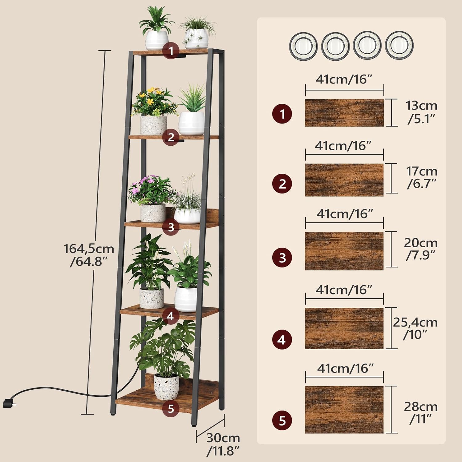 Plant Stand with Grow Light, 5 Tier Plant Shelf with Timer for Indoor Plants, Ladder Shape Flower Rack with Raised Back Edges, for Living Room, Balcony, Rustic Brown and Black PSHR05E01