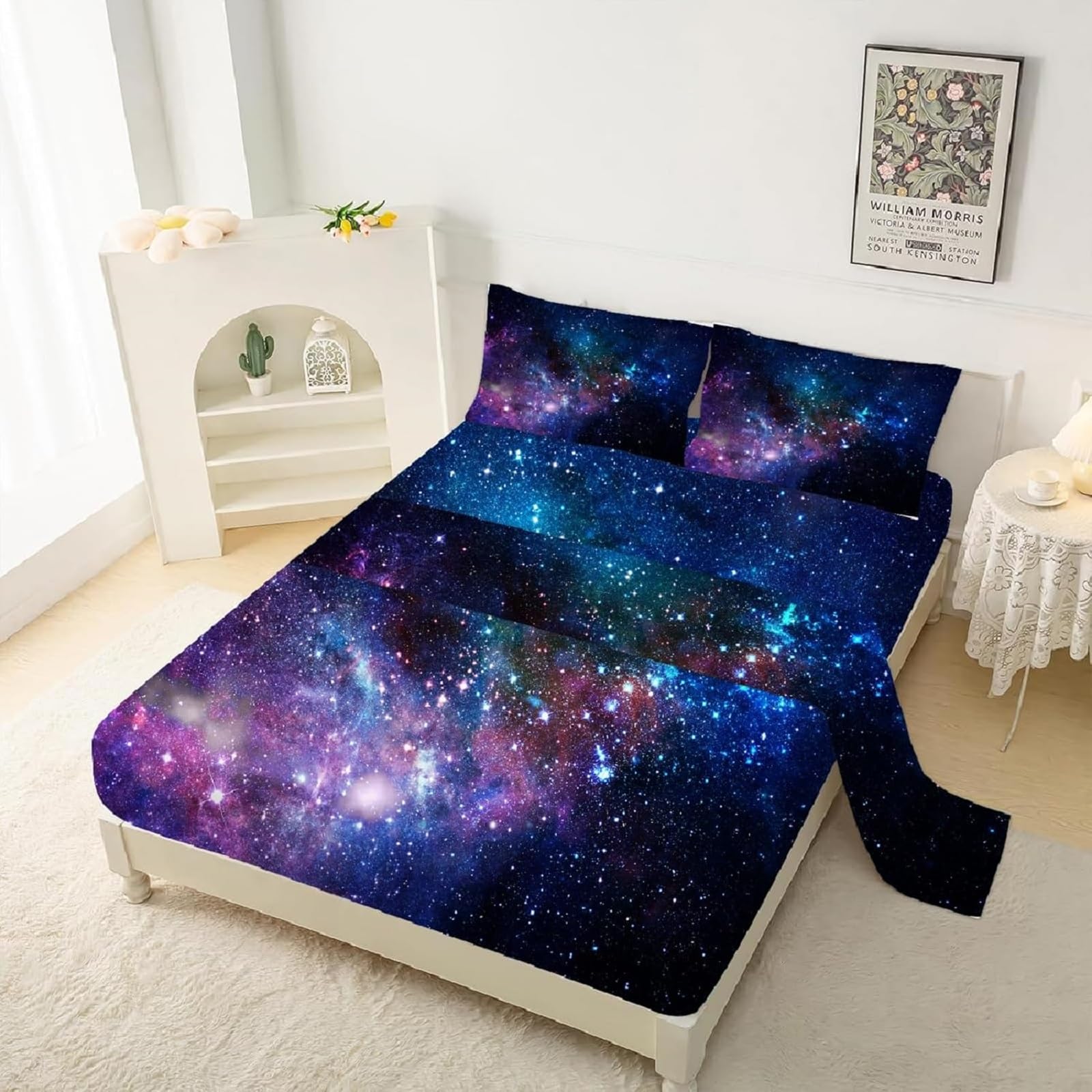 kxry Blue Purple Galaxy Fitted Sheet Sets Queen Size for Boys Kids Teens Outer Space Starry Sky Universe