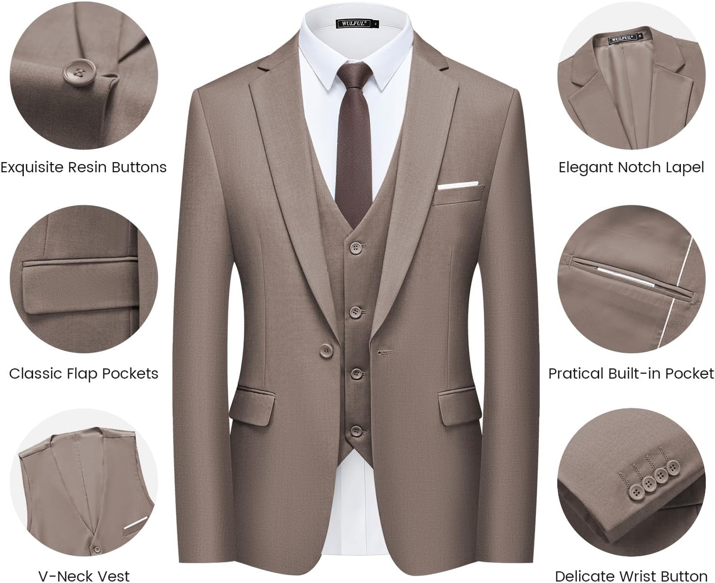 WULFUL Men’s Slim Fit Suit One Button 3-Piece Blazer Dress Business Wedding... - Picture 183 of 257