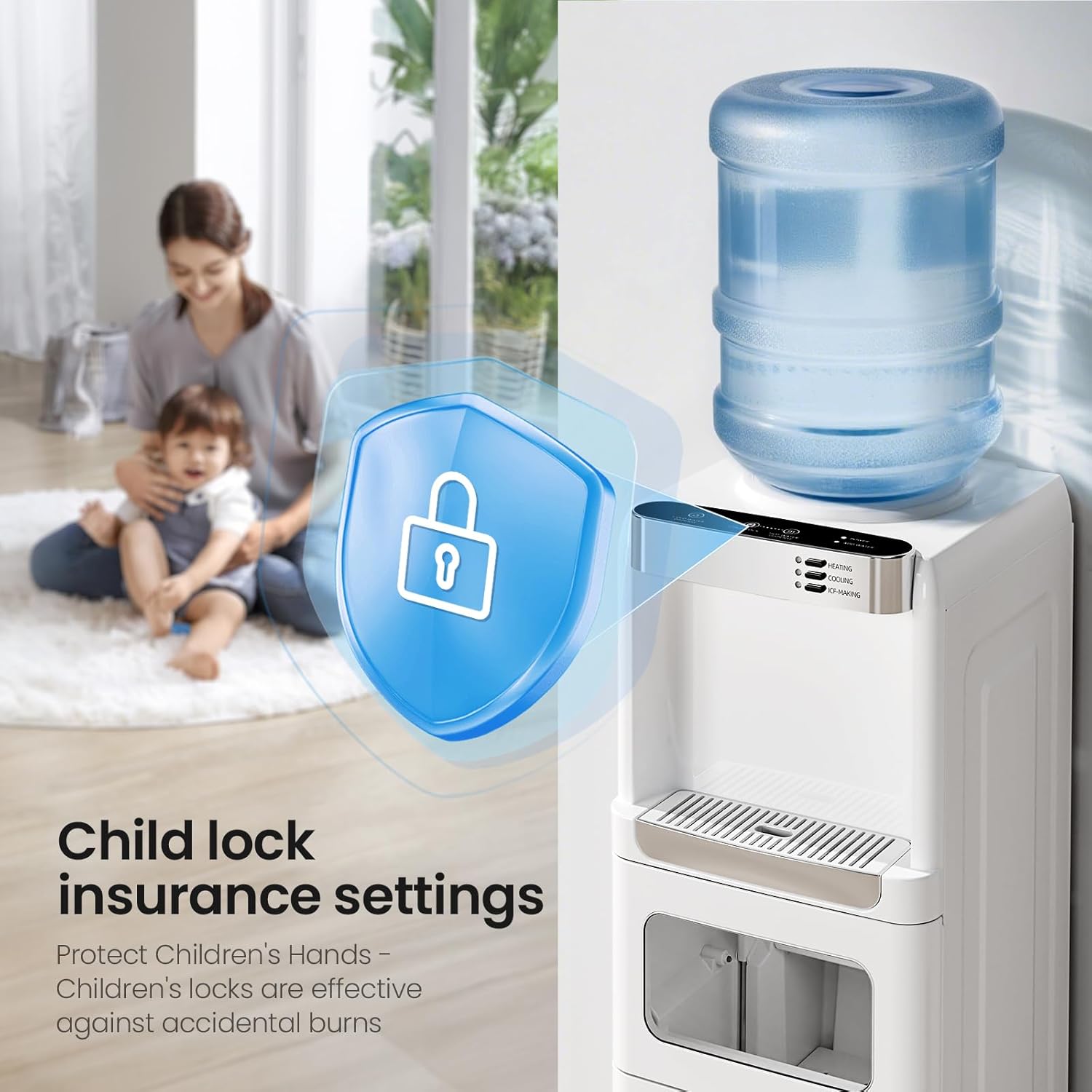 Kismile Water Cooler Dispenser with child safety lock feature highlighted, showing a child in the background.