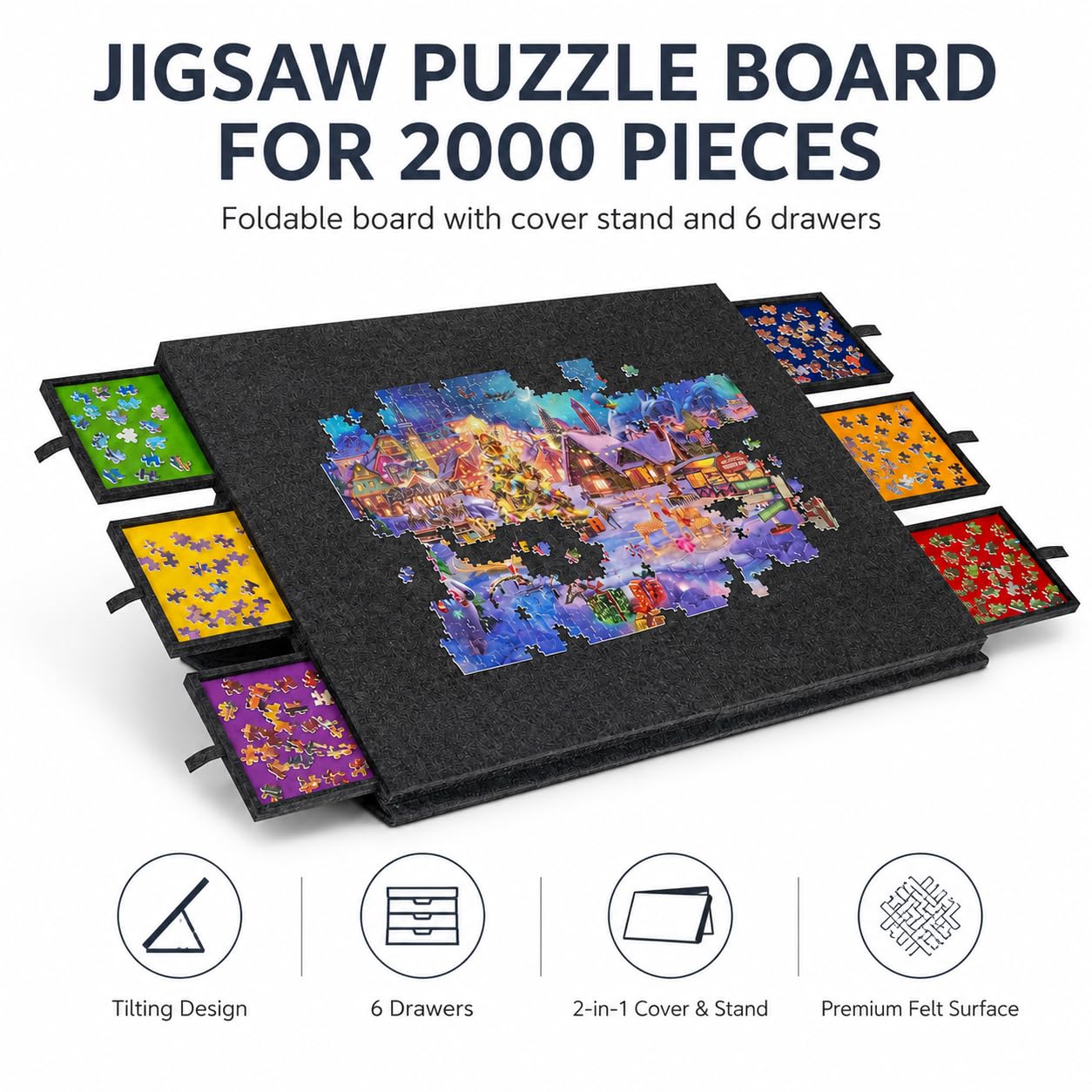Tavolo puzzle da 2000 pezzi, pieghevole, con 6 cassetti e copertura