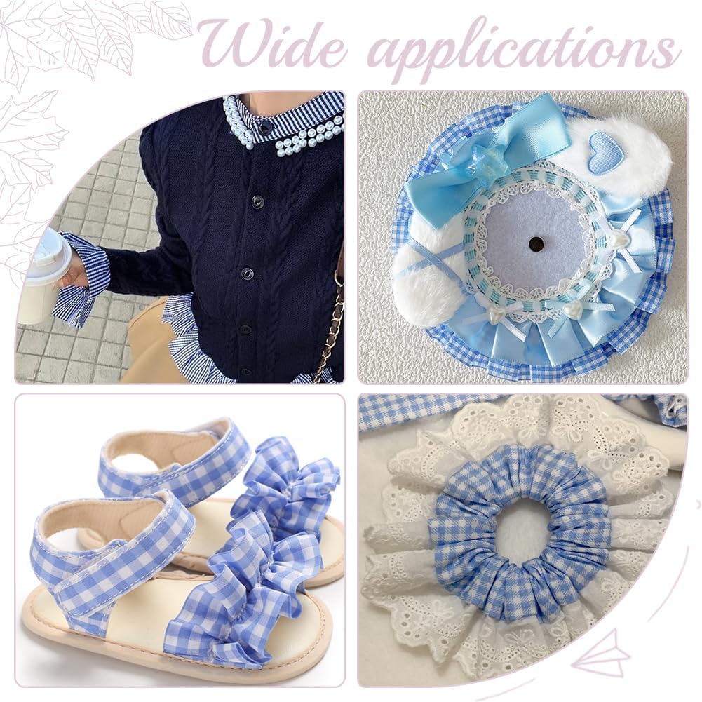 10 Yards Ruffle Ribbon Trim 1.5 Inch Blue Gingham Pleated Lace Trim Ruffle Gathered Lace Trims for Home Doll Cloth Decoration