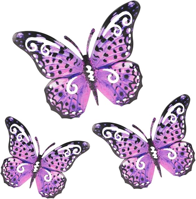 icyant 3 Pieces Large Metal Butterflies Wall Decor 3D Butterfly Garden Ornament Outdoor Home Art Decorations Hanging Purple Butterflies Metal Outside for Living Room Garden Fences Yard Sheds