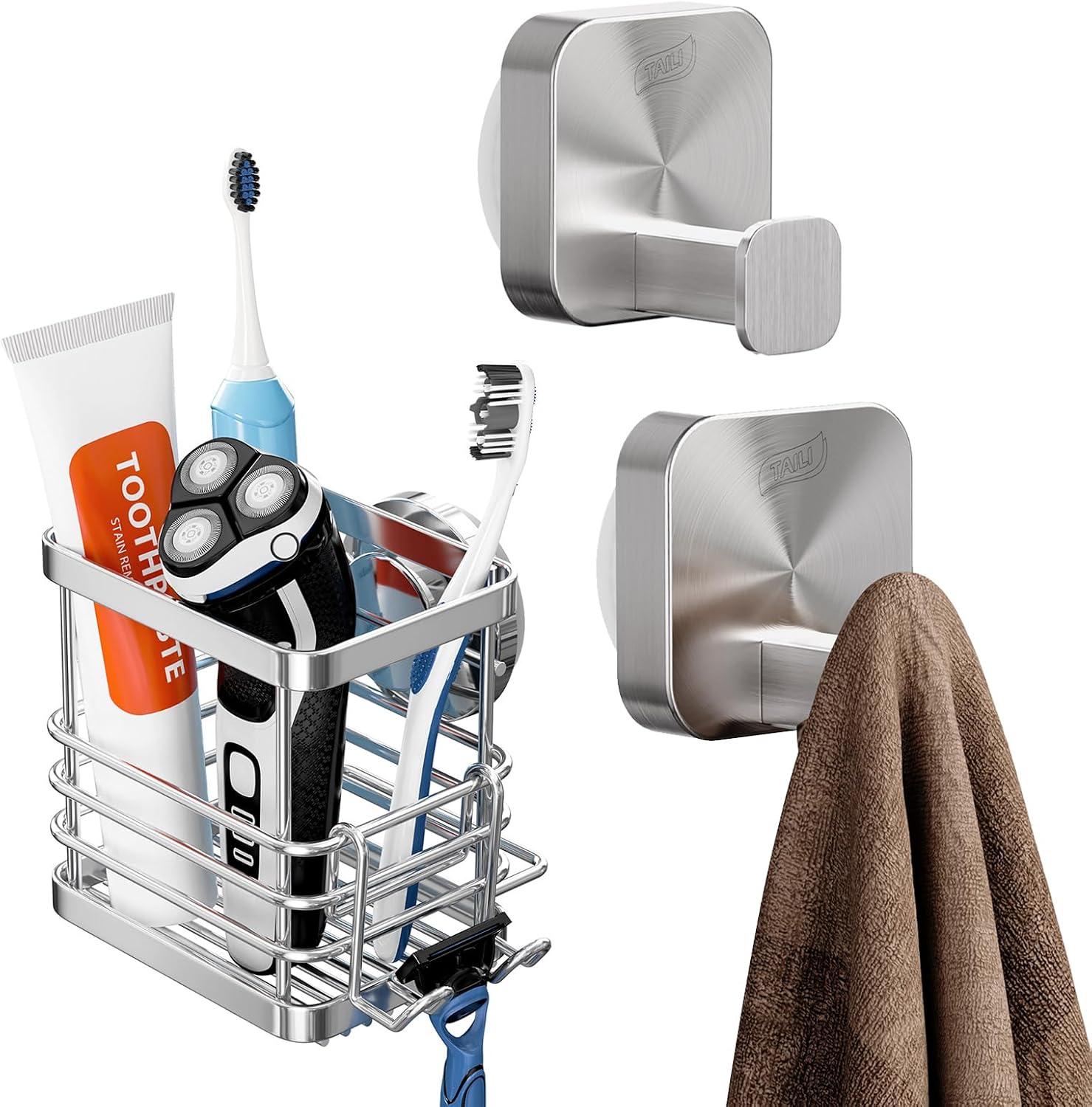 TAILI Strong Suction Cup Toothbrush Holder and Stylish 304 Stainless Steel Bathroom Towel Hooks