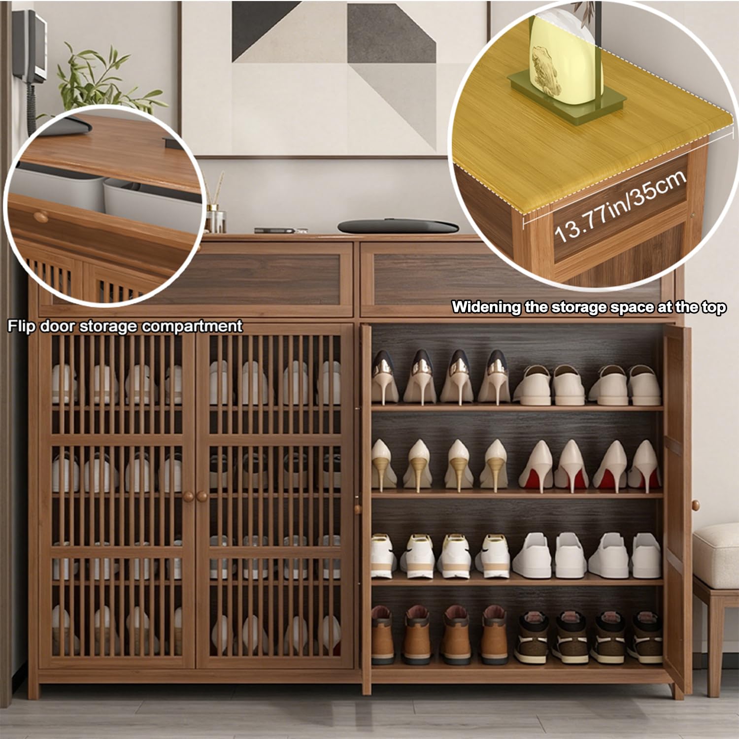 Zapatero Entrada Recibidor de Bambú Estrecho con 2 Cajones y 4 Estantes Ajustables, Mueble Recibidor Entrada, Mueble Zapatero para Entrada de SalóN, 130x35x100cm, MarróN