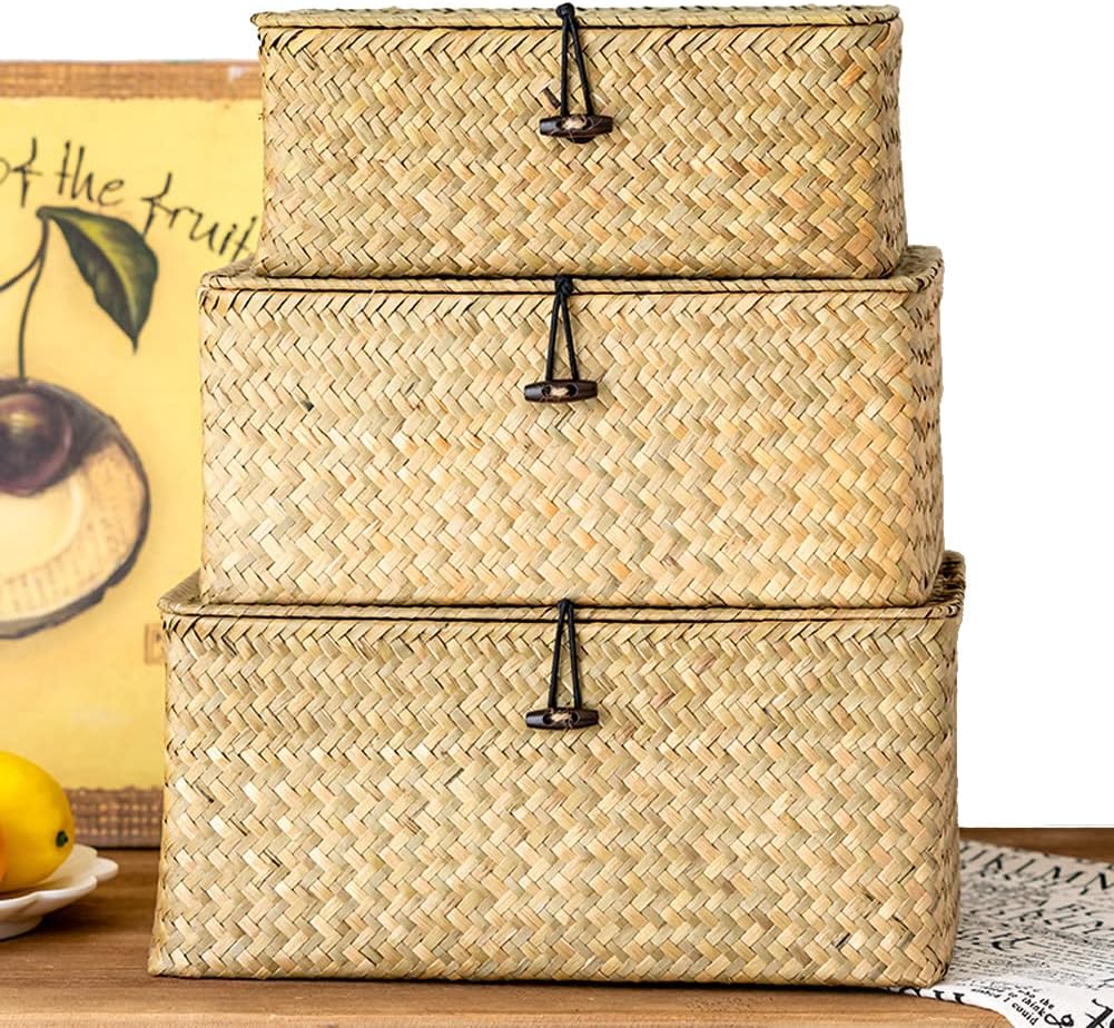 Storage Shelf Basket with Lid Rectangular Handmade Seagrass Rattan Woven Makeup Organizer Multipurpose Container Natural Box for Shelves