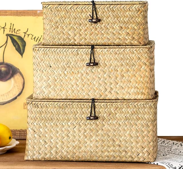 Rectangular Storage Shelf Basket with Lid Handmade Seagrass Woven Makeup Organizer Multipurpose Container Natural Box for Shelves(Small/Medium/Large)